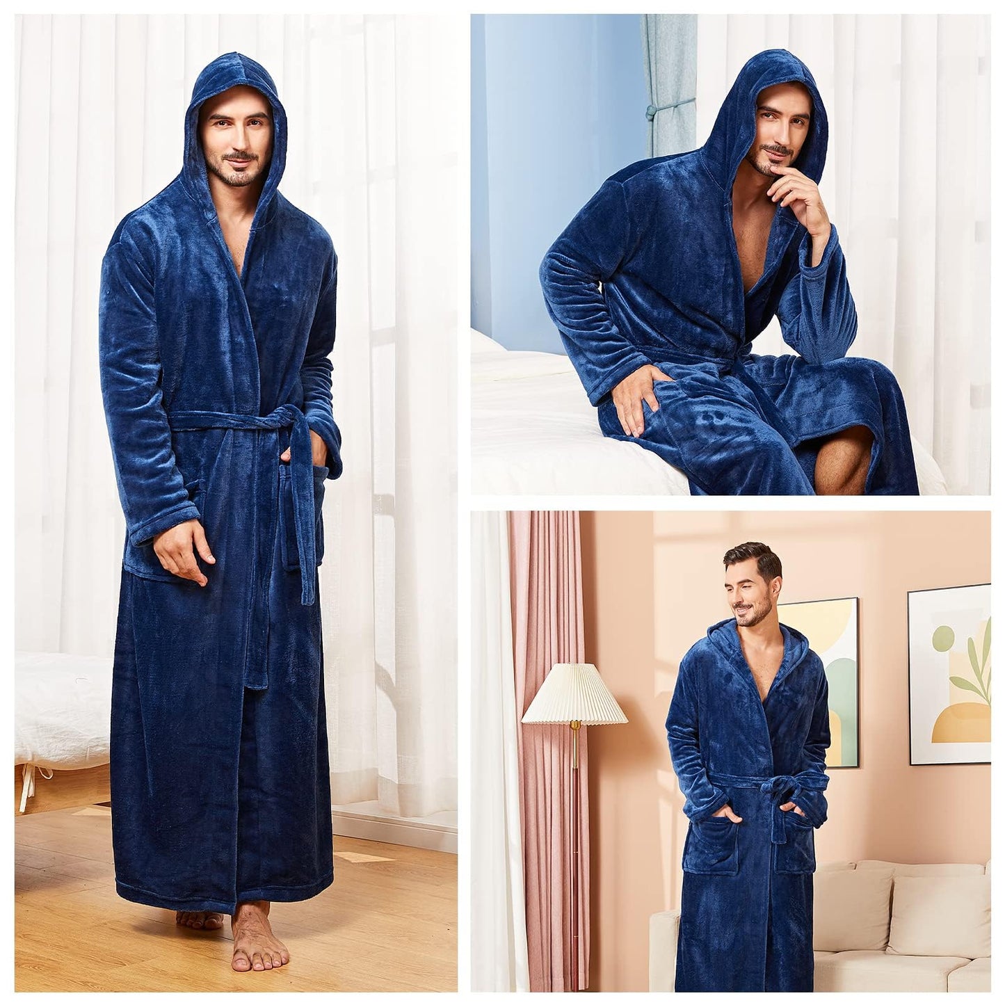 FashGudim Mens Robes Big and Tall with Hood Flannel Fleece Men Bathrobe with Hood Full Length Plush Long Robe Warm House Robe (Navy, 5XL)