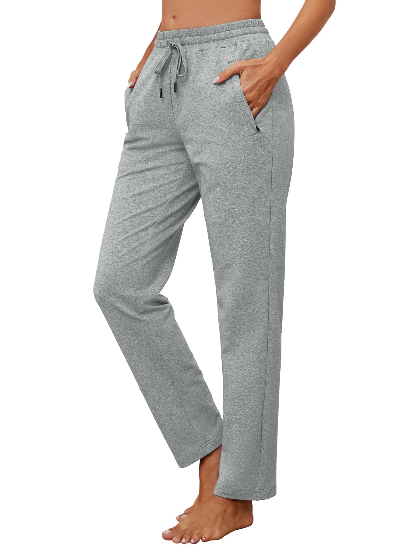 SEVEGO Women's Sweatpants Tall Cotton Yoga Lounge Casual Open Bottom Soft Workout Zipper Pocket Joggers,34",Light Grey,M
