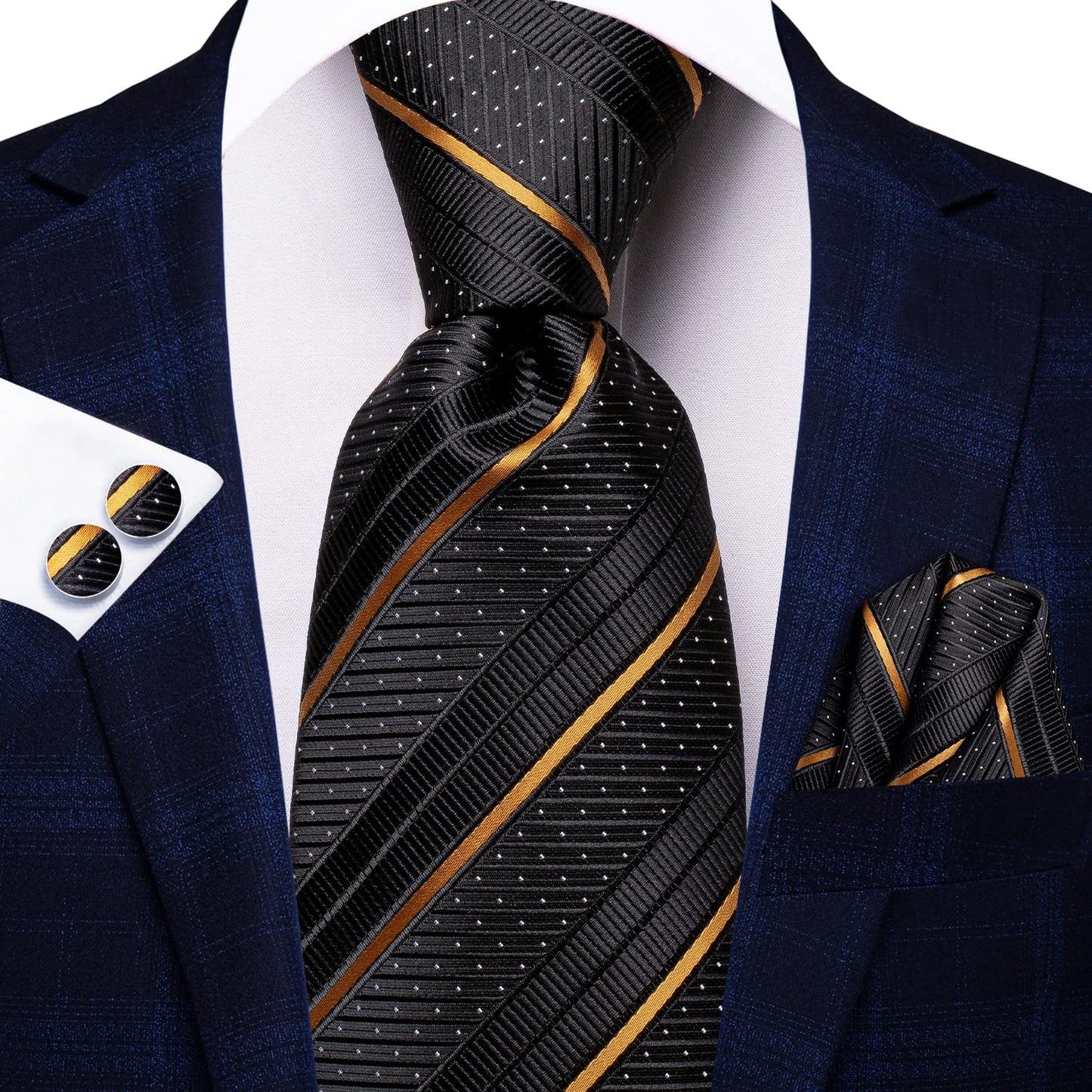 Hi-Tie Black Gold Extra Long Ties for Men Silk 70'' Men's Ties Set Stripe Necktie and Pocket Square Cufflinks for Wedding