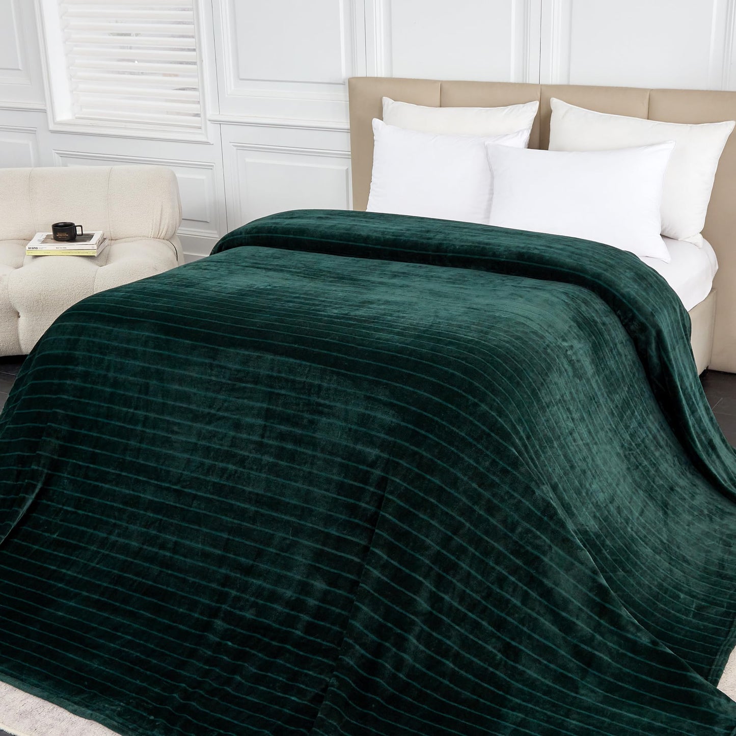 Serenhom Extra Large 120x120 Inch Giant Soft Cozy Fleece Blanket, Huge Oversized Seamless King 3D Jacquard Decorative California King Blanket for Bed, Couch, Travel - Striped Forest Green