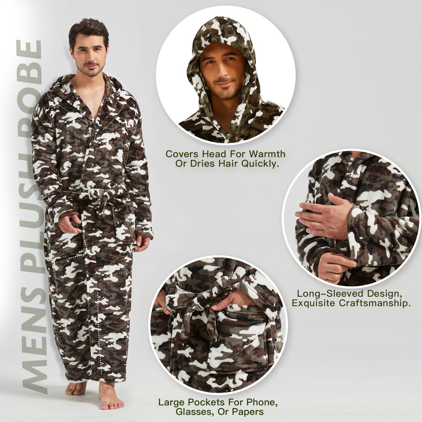 FashGudim mens big and tall robe long full length camo robe with hood for tall men warm plush house robes Fleece Bathrobes (Camouflage, S/M)
