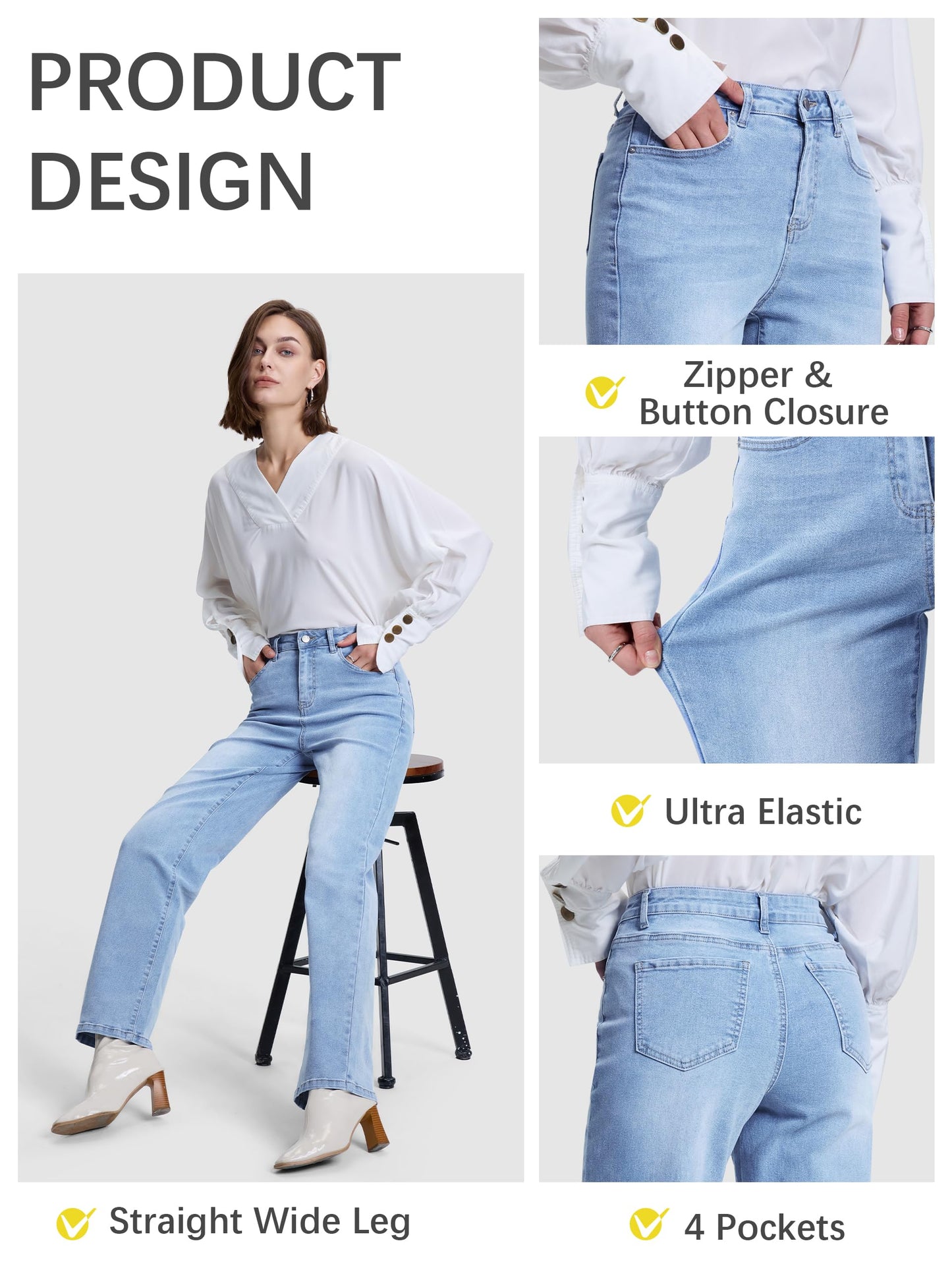 SEVEGO Women's 32"/34"/36" Tall Straight Leg Jeans Mid Waisted Stretchy Loose Denim Pants Casual Baggy Jean Trousers 32'', Light Blue, L