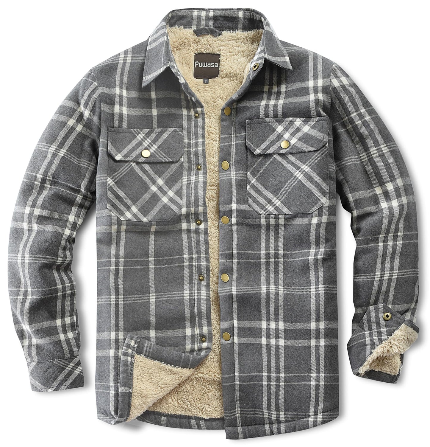 Puwasa Men's Sherpa Lined Cotton Flannel Shirt Jacket Plaid Button Up Jacket Coat for Men with Pocket Grey Large Tall