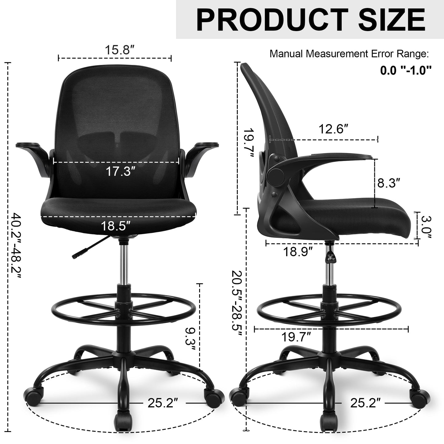 Tall Office Chair with Flip-up Armrests (20" - 28" seat height) - Ergonomic Computer Chair with Lumbar Support