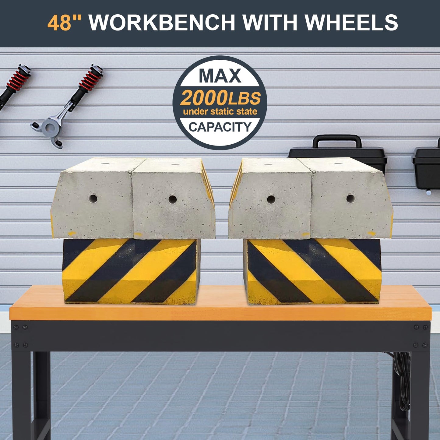 HABUTWAY Height Adjustable Workbench with Wheels 48" x 24" 2000 Lbs Capacity Solid Wood Work Station Heavy-Duty Rolling Work Tables for Garage Party Shop Office