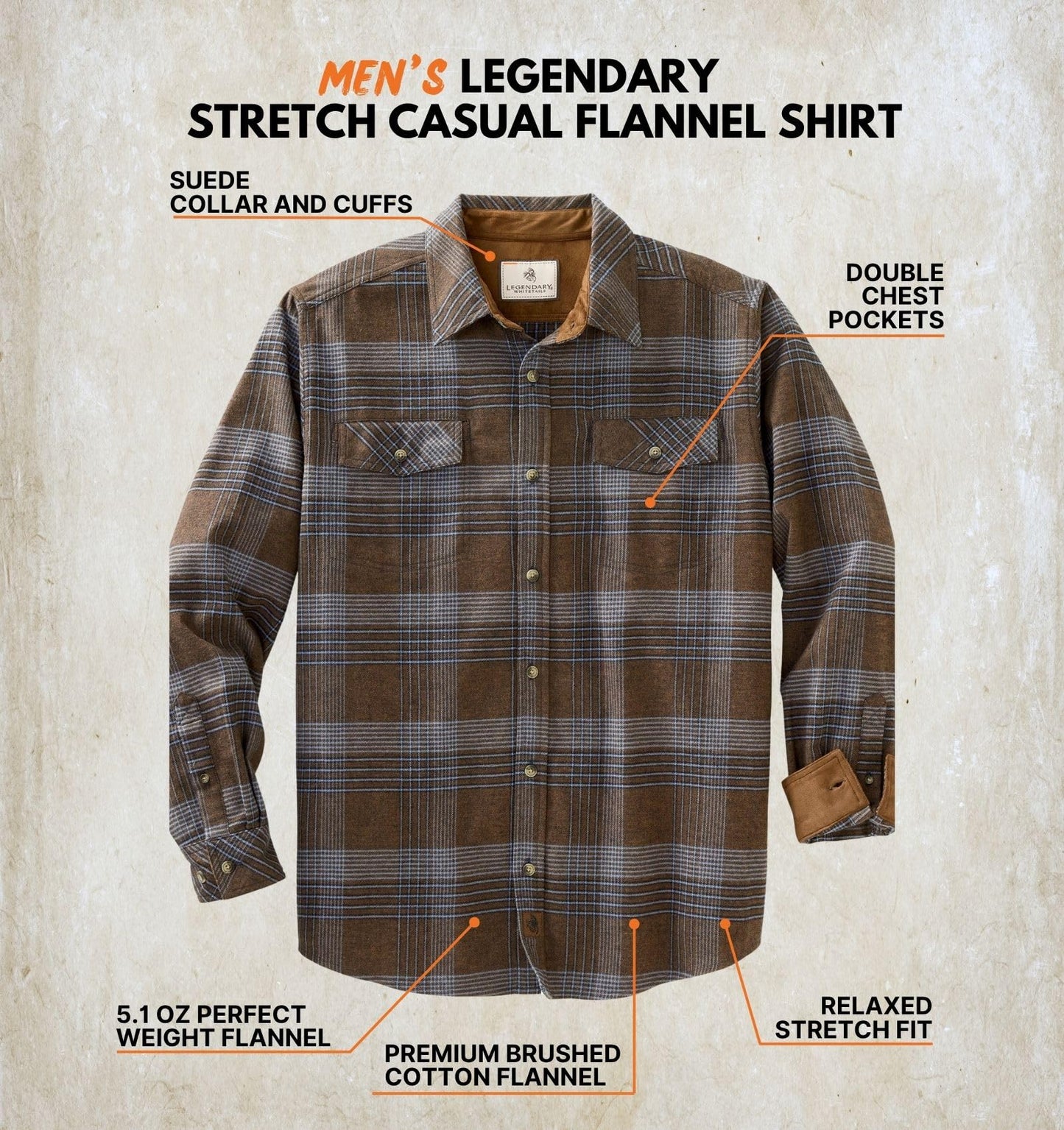 Legendary Whitetails Men's Big Flannel Shirt Long Sleeve Button Down Relaxed Fit, Real Chocolate Melange, Large Tall
