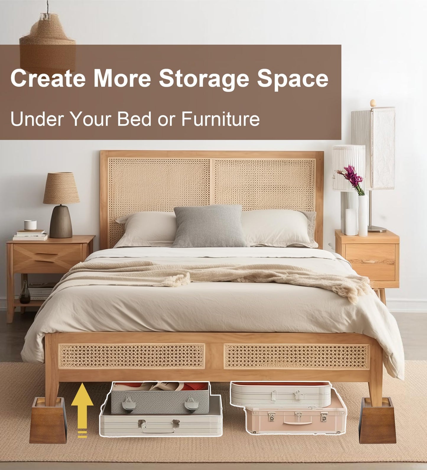 Lufia Wood Bed Risers 4 Inch, Premium Pine Furniture Risers - Sturdy, Stylish and Space Saving 4" Bed Lift for Sofa, Desk and More - 4-Pack (Brown Wood, 4 Inch)