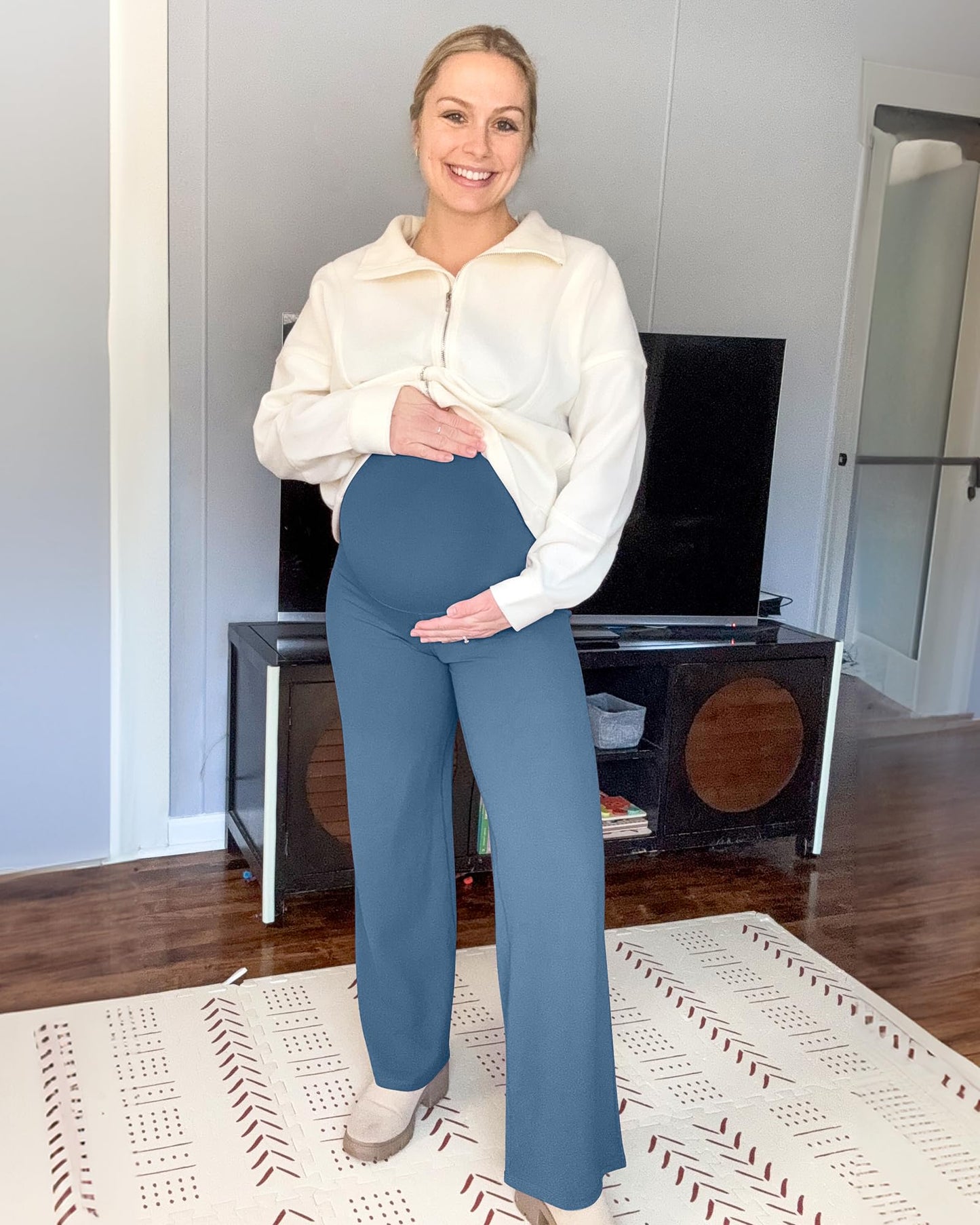 G4Free Maternity Pants for Work Over-Bump Soft Pregnancy Wide Leg Leggings Business Casual Slacks Office Wear(Blue Gray,XXL,32")