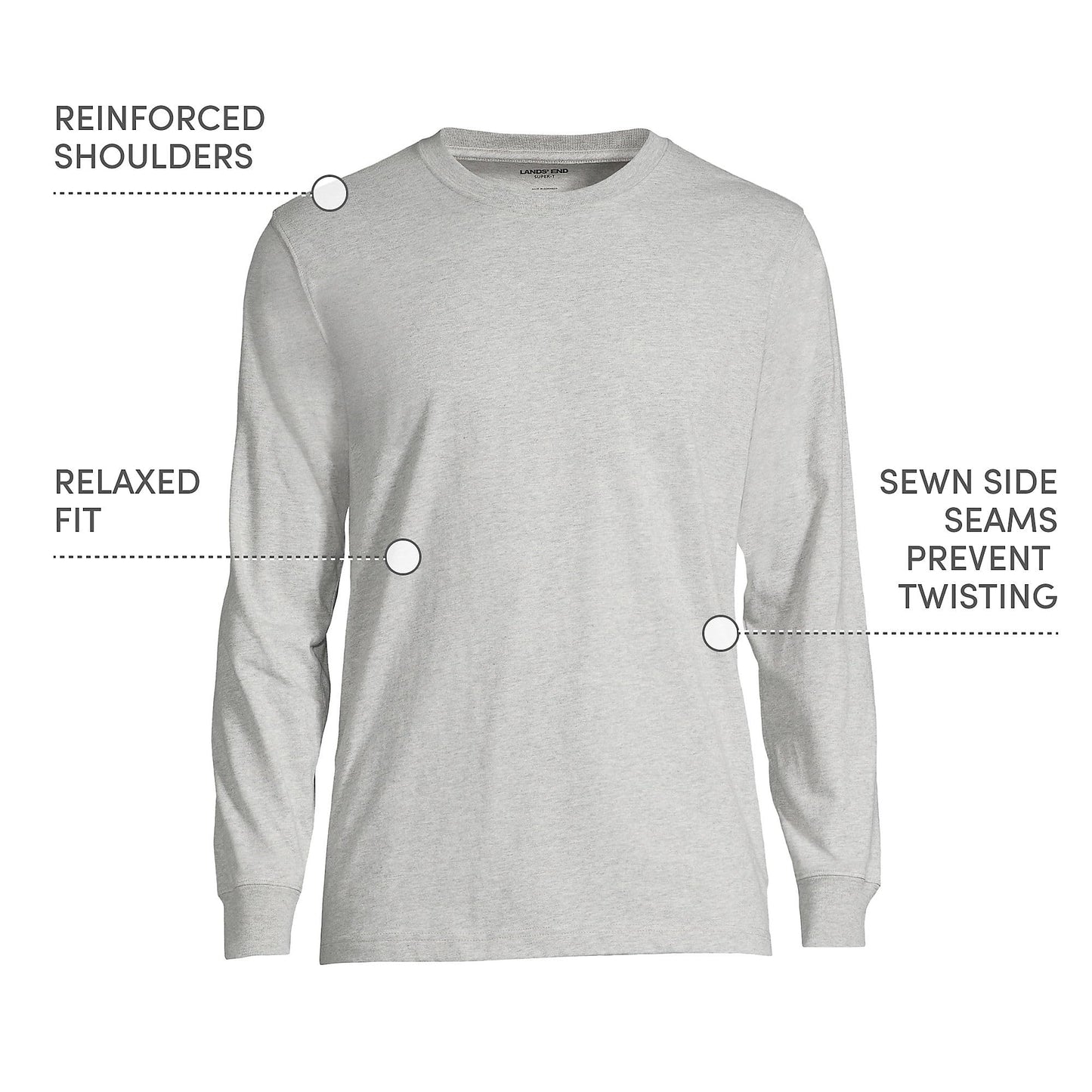 Lands' End Mens Long Sleeve Super-T Tee Gray Heather Tall Medium