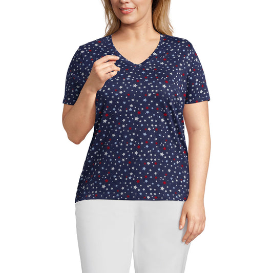 Lands' End Womens SS Relaxed Supima V Neck T Shirt Deep Sea Navy Stars Tall Small
