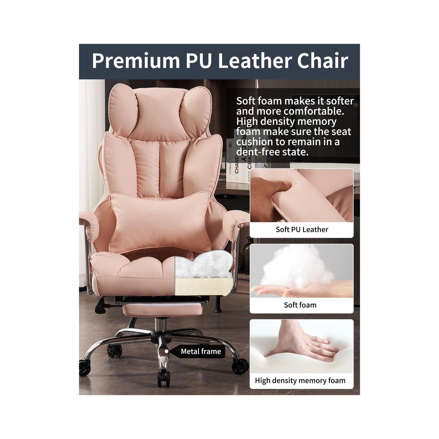 Efomao Big and Tall Office Chair 400LBS, Heavy Duty Executive Office Chair with Foot Rest, Home Office Desk Chairs, Pink Big Tall Computer Chair