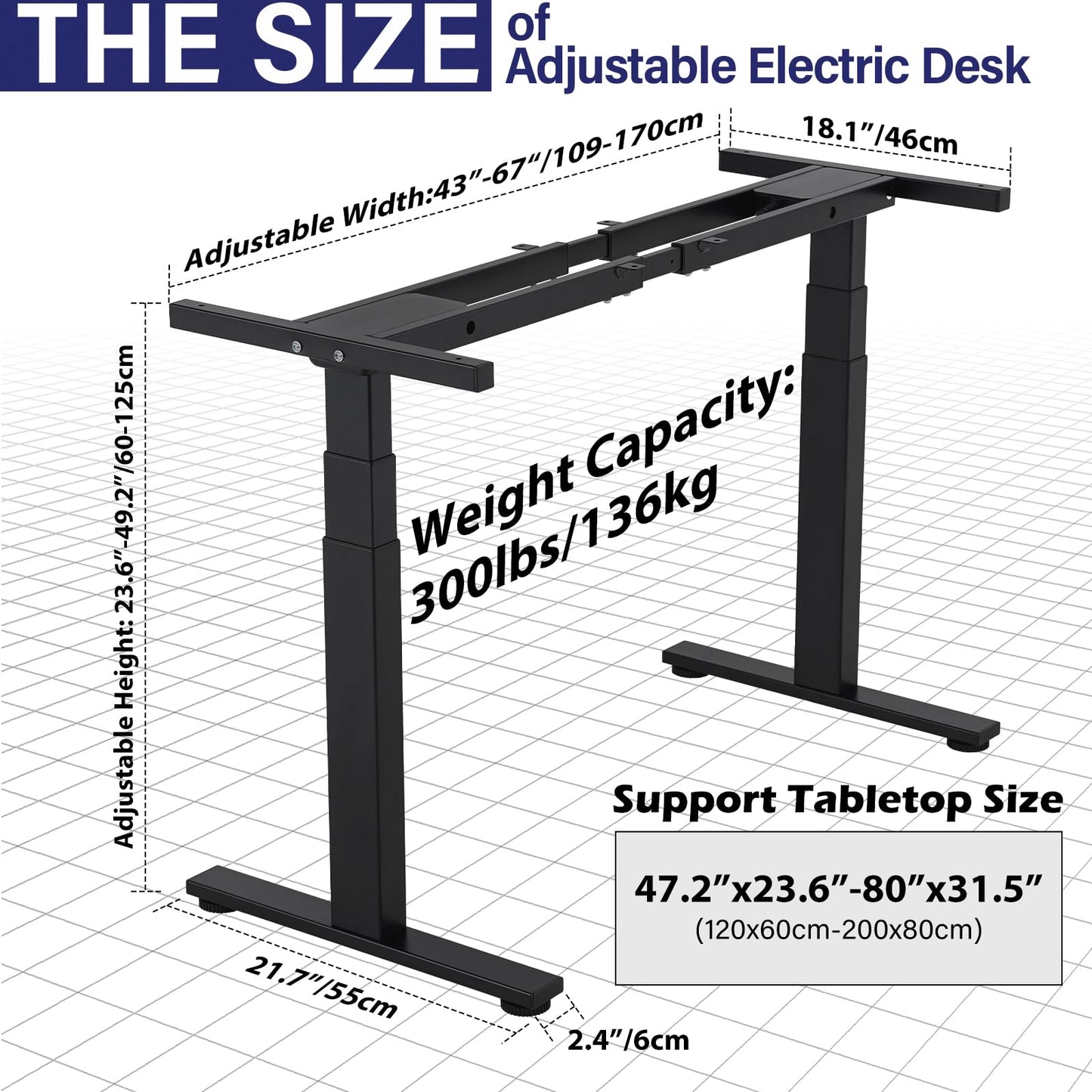 TOPSKY Dual Motor 3 Stage Electric Adjustable Standing Desk Frame for up to 80”x31.5” Table Tops Heavy Duty 300lb Load Capacity for Home Office (White Frame Only) - 49.2" Max Height