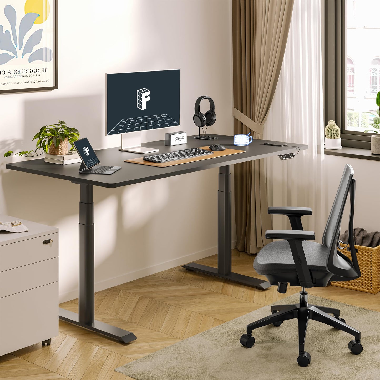 FLEXISPOT E6 Pro Oval Leg Dual Motor 3 Stages Standing Desk 60x24 Inch Whole-Piece Board Electric Height Adjustable Electric Sit Stand Up Desk 150KG Load Capacity (Black Frame + Black Desktop) - 48.8" Max Height