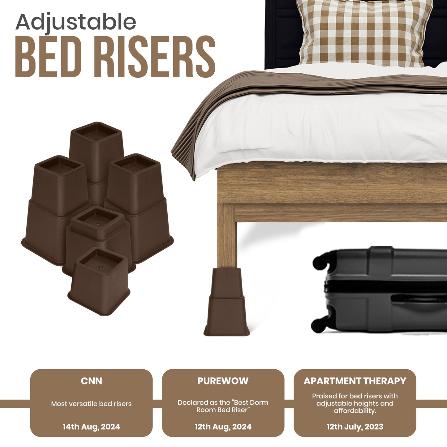 Utopia Bedding Adjustable Bed Furniture Risers - Elevation in Heights 3, 5 or 8 Inch Heavy Duty Risers for Beds and Under Bed Storage - Supports up to 1,300 lbs - (Set of 8 Riser, Brown)