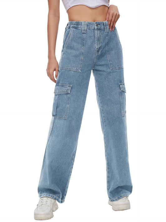 Tapata Women's 26"/28"/30"/32"/34" Cargo Jeans Straight Leg Short Petite Regular Tall Denim Y2K Pants Light Blue, XL
