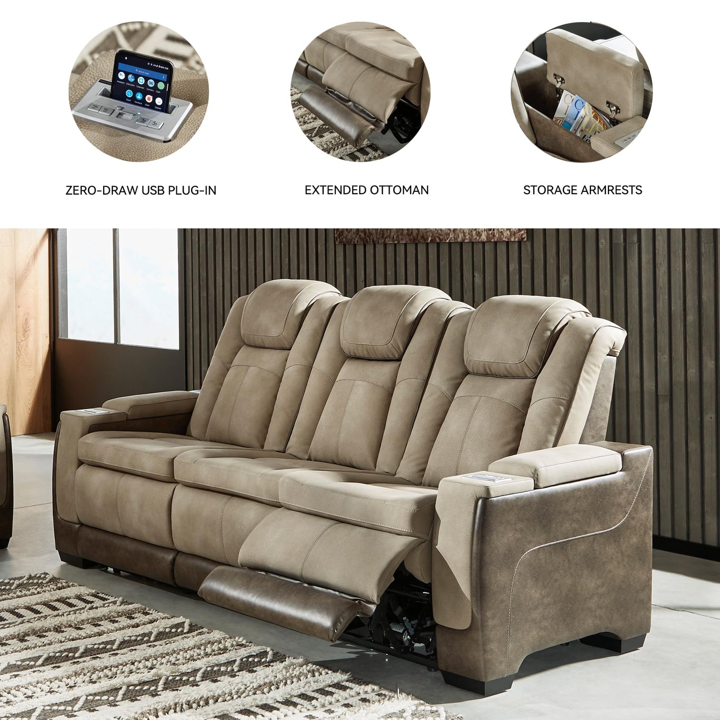 Signature Design by Ashley Next-Gen DuraPella Power Reclining Sofa with Adjustable Headrest, Sand
