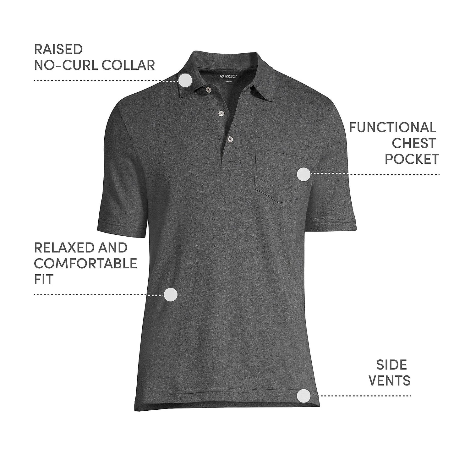 Lands' End Mens Short Sleeve Pocket Supima Polo Dark Charcoal Heather Tall Medium