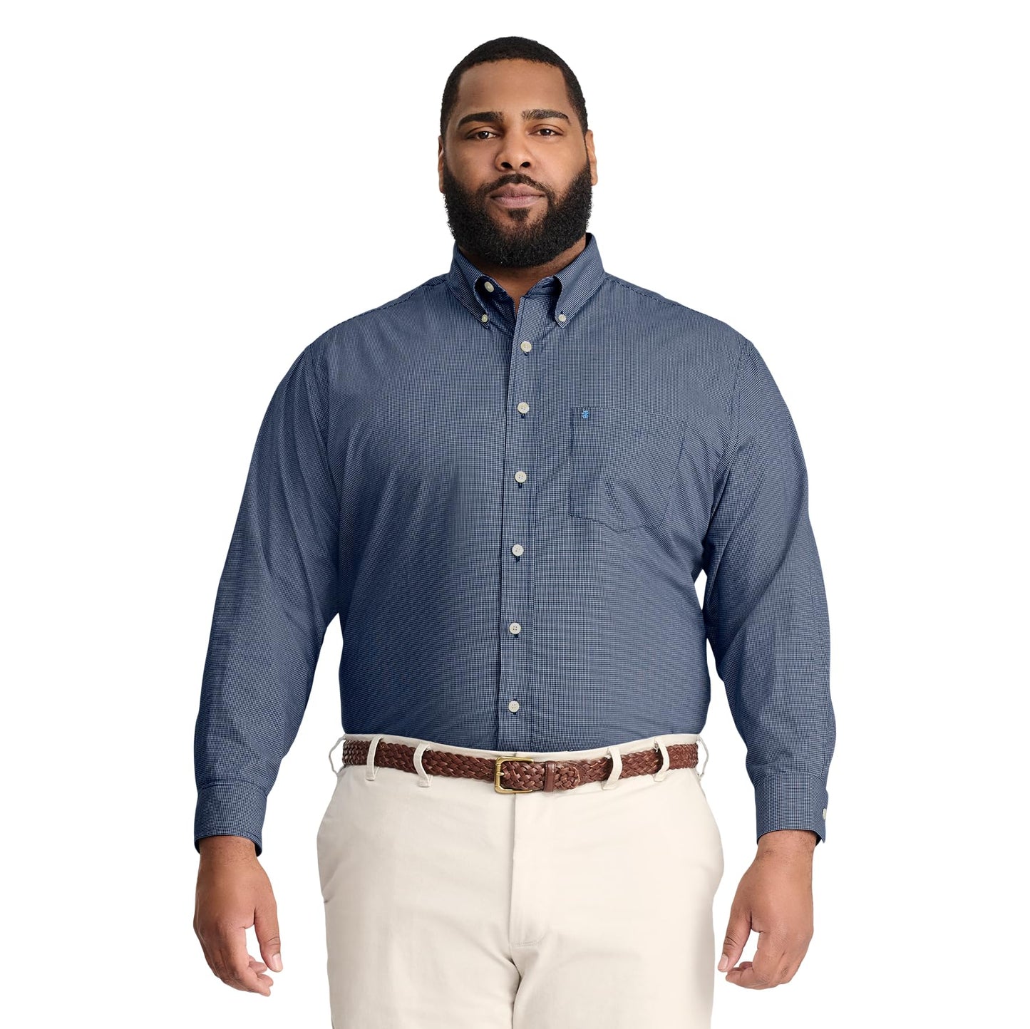 IZOD Men's Big and Tall Performance Comfort Long Sleeve Gingham Button Down Shirt, Estate Blue