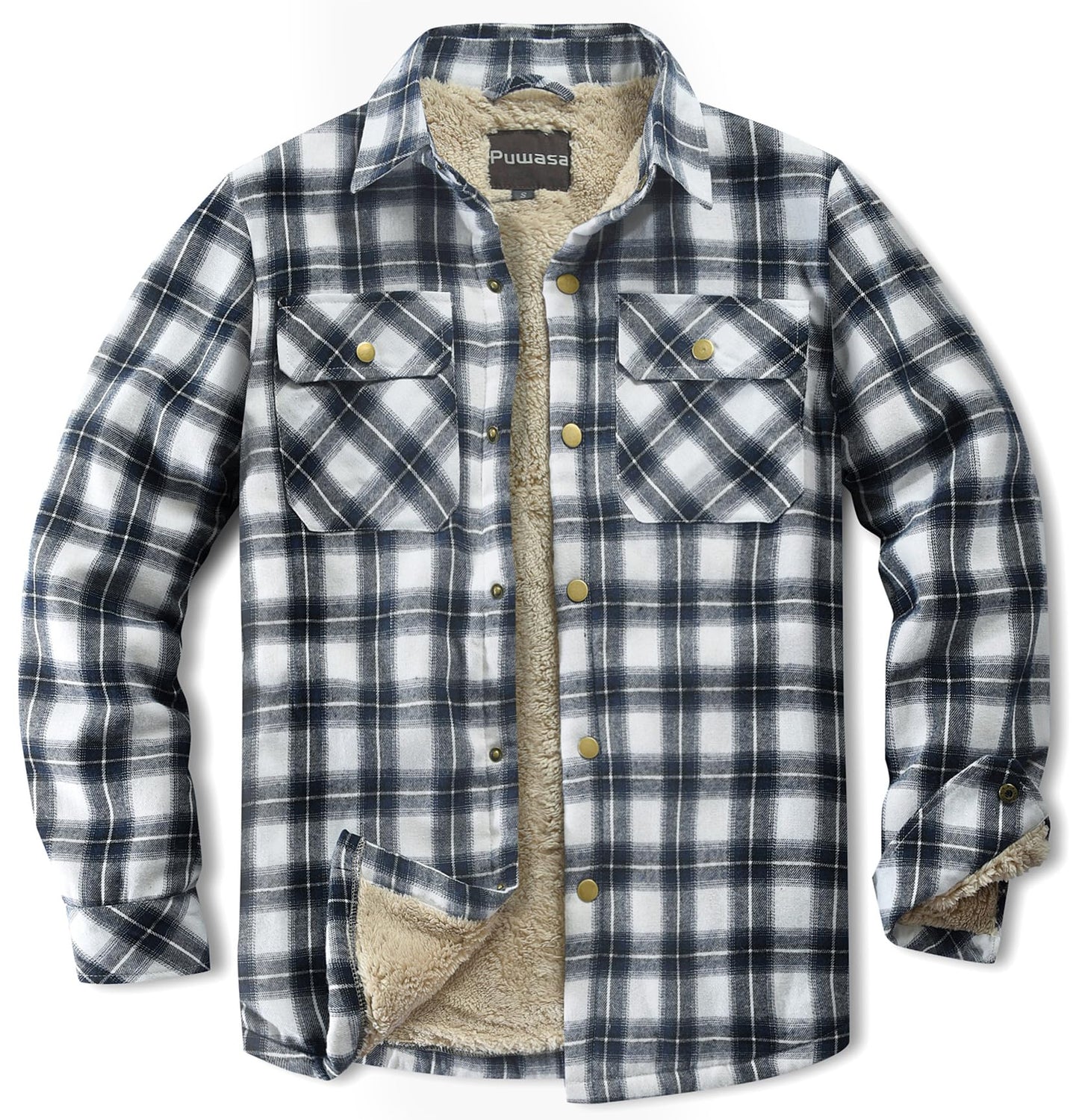 Puwasa Men's Lightweight Cotton Jacket Fleece Lined Flannel Jacket Button Up Shirts Long Sleeve Winter Coat Blue X-Large Tall