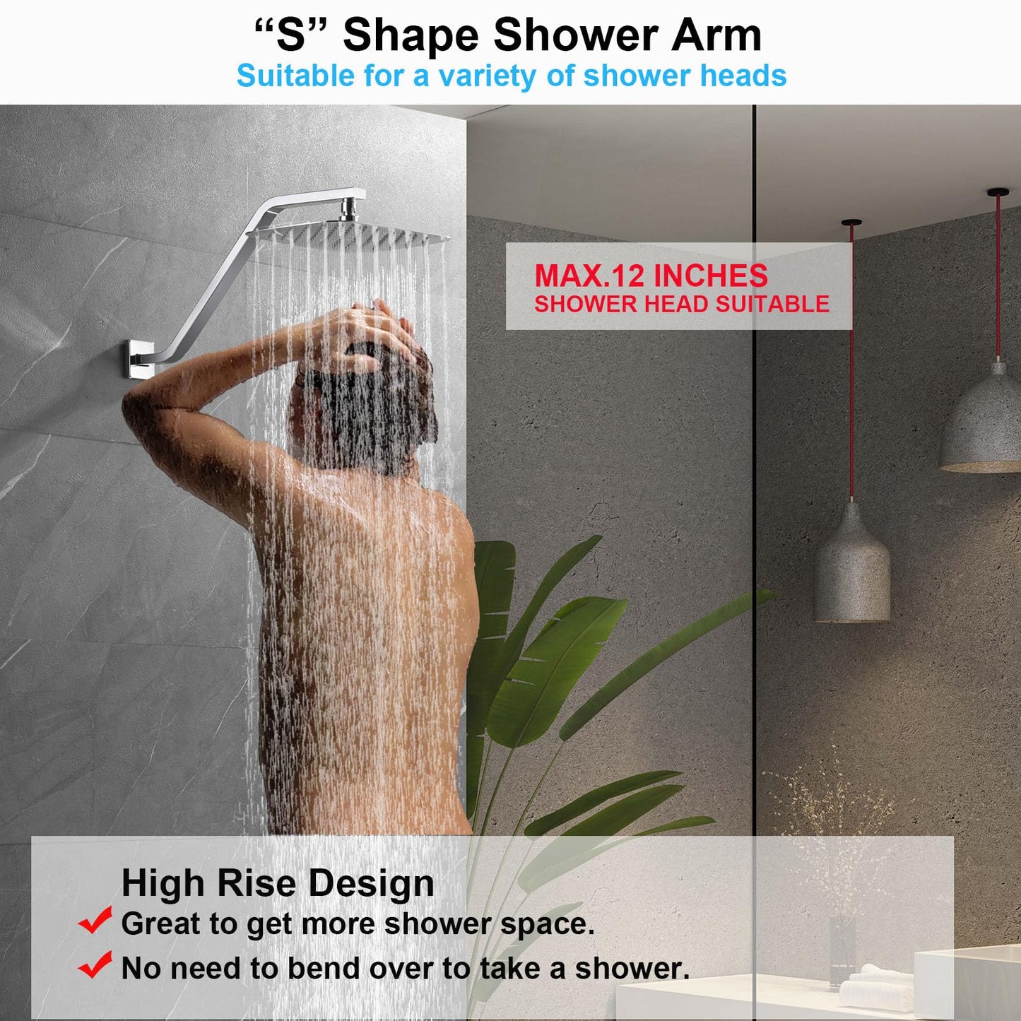 Square Shower Head Extension Arm with Flange 16.5 Inch Extra Long S Shaped Shower Head Riser Pipe, Uvish Stainless Steel High Rise Goose Neck Shower Extender, Standard 1/2" Connection, White