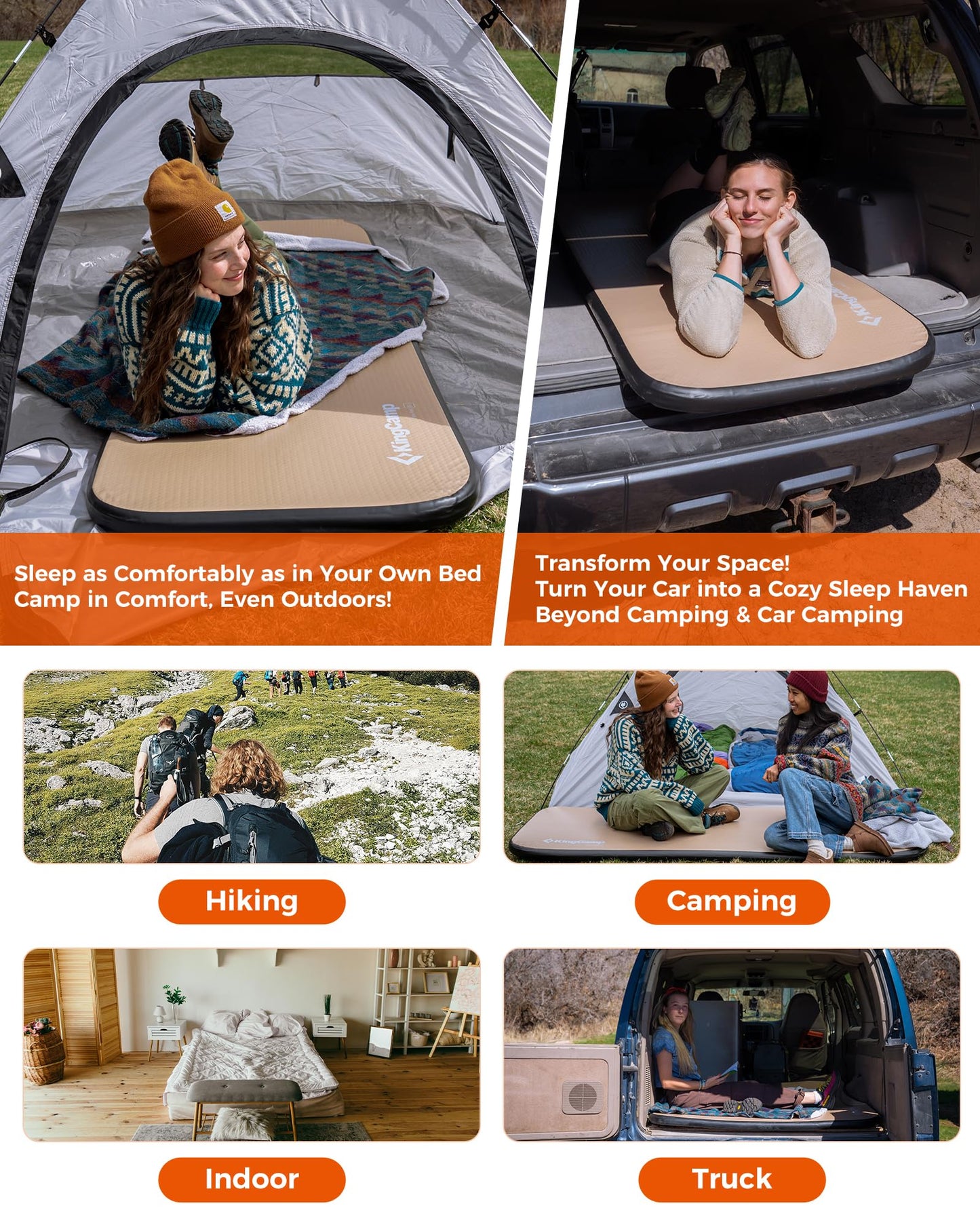 Kingcamp FLEXIREST 5.0 Sleeping Pad for Camping, PVC-Free Air Inflatable High Support Compact Camping Mattress with Pump Sack for Glamping Tent Cot Car Travel, 79"*30"*2"