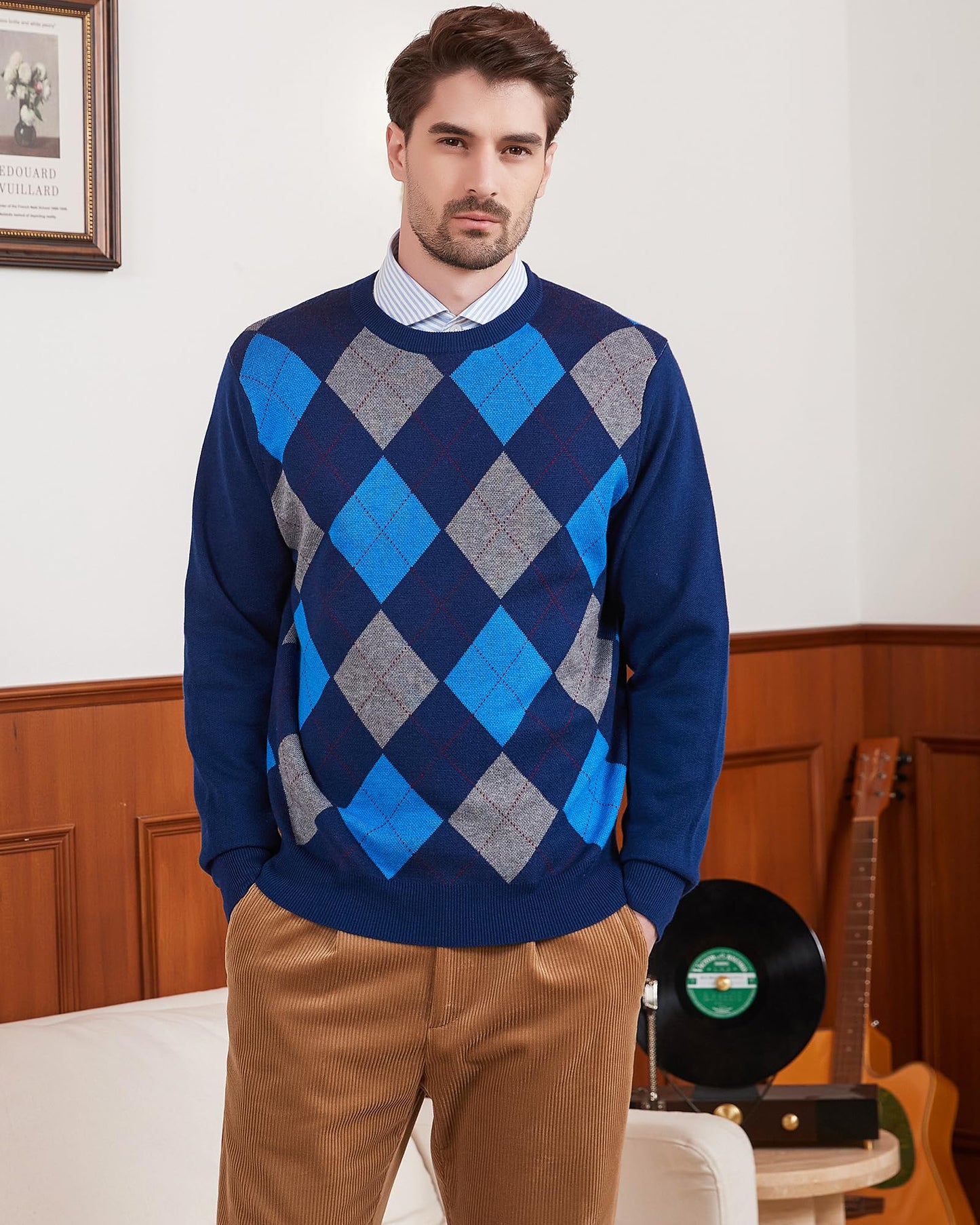Kallspin Men's Wool Blend Crewneck Sweater Argyle Long Sleeve Pullover Sweater for Casual Or Dressy Wear(Navy Blue,L-Tall)