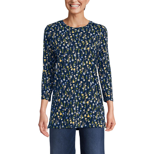 Lands' End Womens 3Q Cotton Supima Crew Neck Tunic Deep Sea Navy Multi Daisy Tall Small