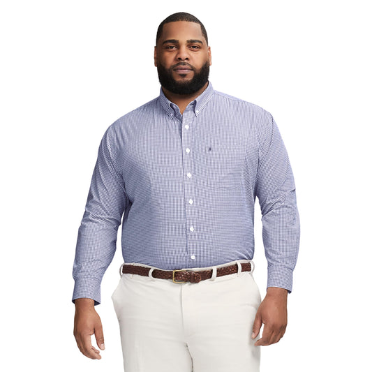 IZOD Men's Big and Tall Performance Comfort Long Sleeve Gingham Button Down Shirt, Skipper Blue Check