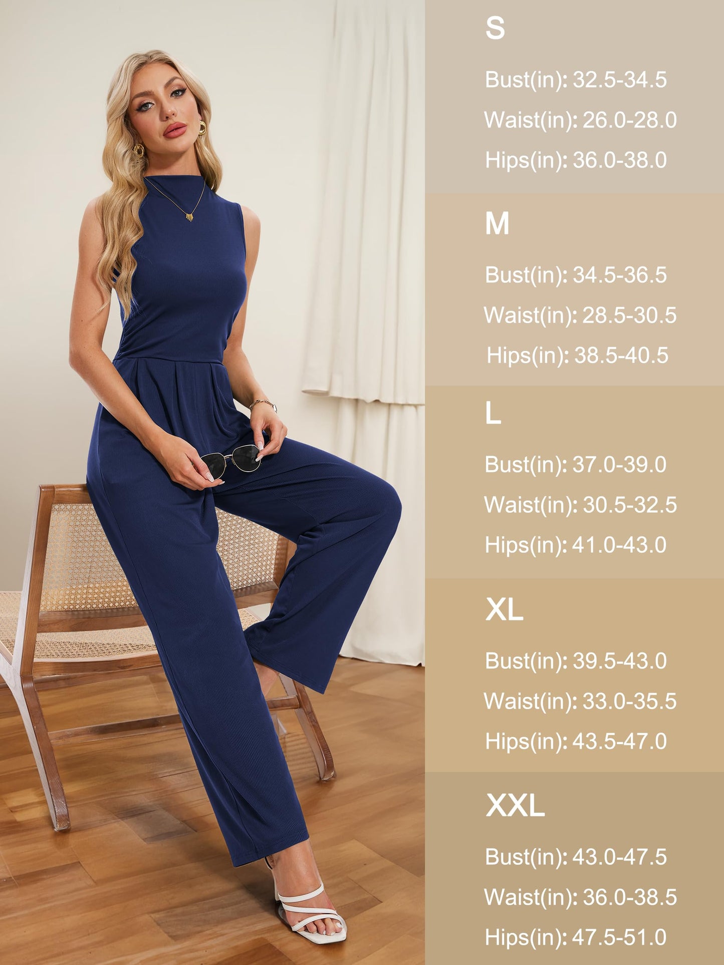 Tapata Women's Jumpsuits Dressy Casual One Piece Outfits Sleeveless Rompers Wide Leg Pants with Pockets, Tall, Navy Blue, X-Large
