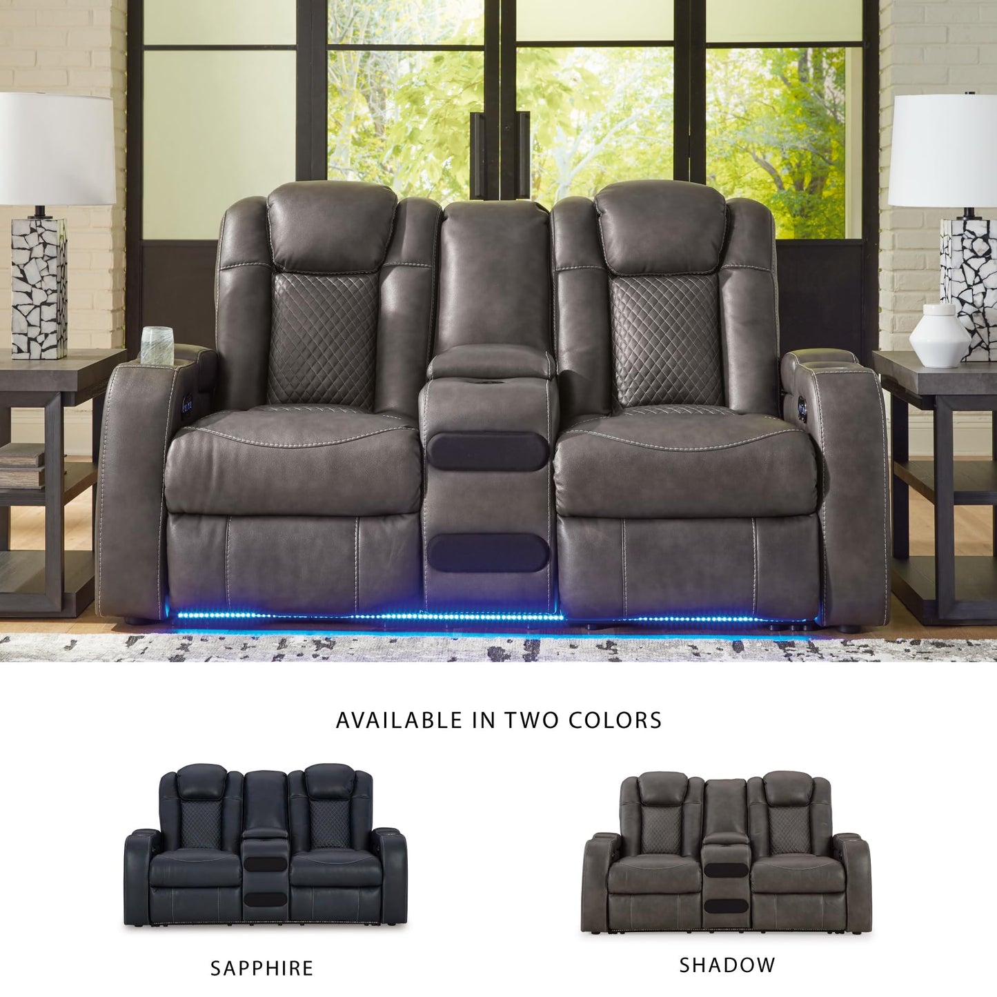 Signature Design by Ashley Fyne-Dyme Contemporary Power Reclining Loveseat with Console, USB Charging Ports and Adjustable Headrest, Gray