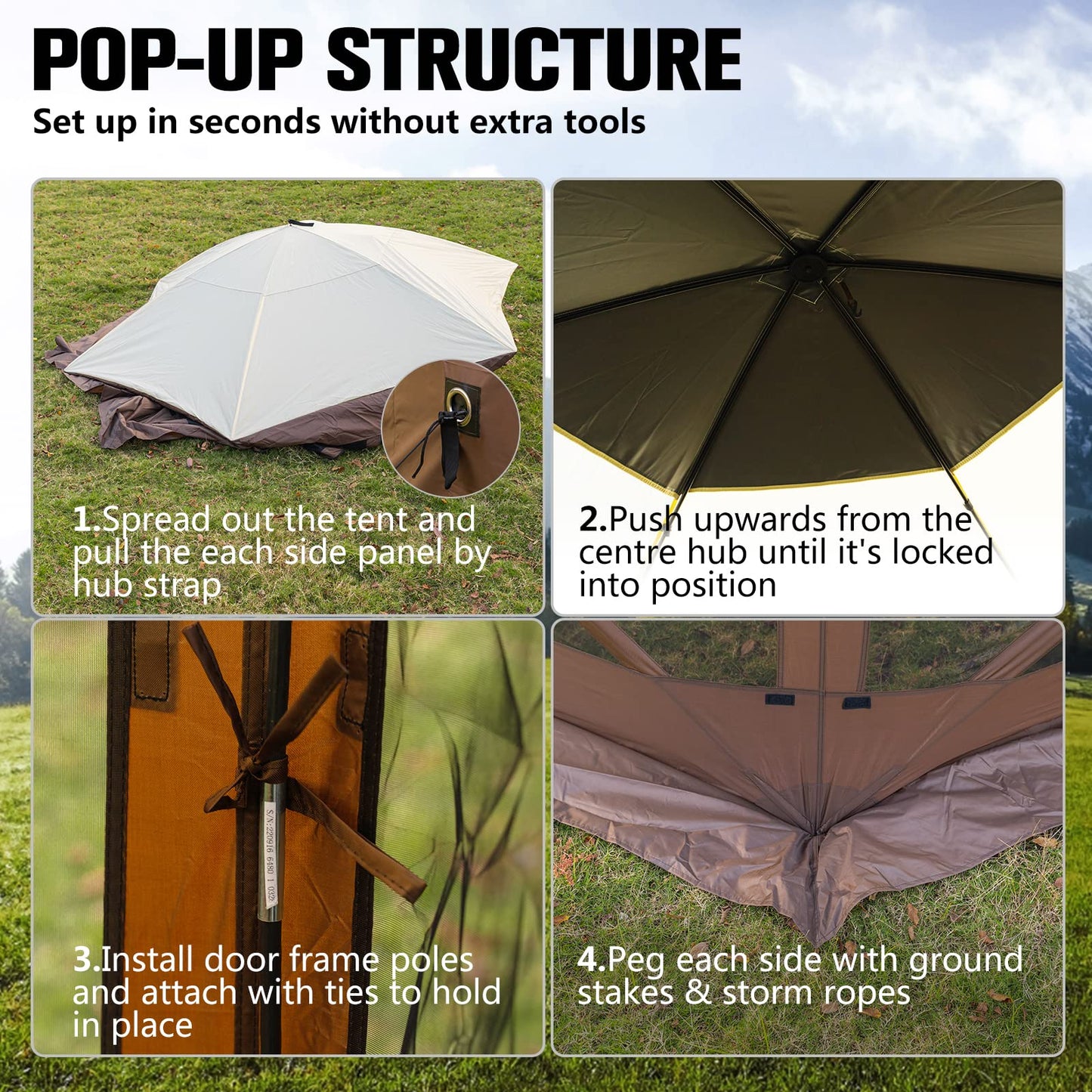 SmarketBuy 10 x 10 FT Gazebo Tent, Pop Up Design Camping Gazebo Tent, 6-Sided Pop-up Canopy Shelter Tents Portable 8 Person Gazebos Screen Tents for Camping and Backyard Activities