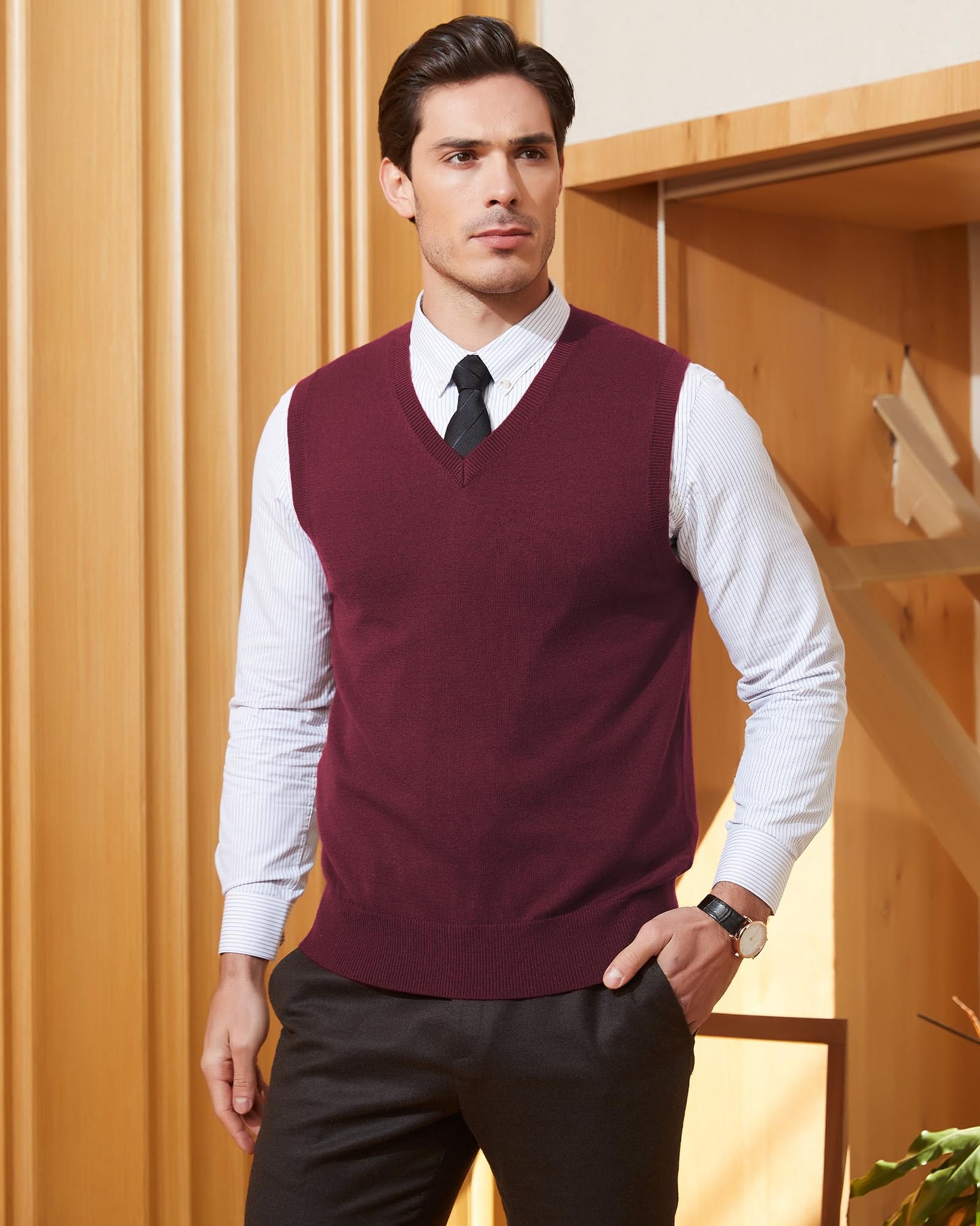 Kallspin Men's Big & Tall Wool Blended Vest Sweater Relaxed Fit V Neck Sleeveless Knitted Pullover (Burgundy 3XL-Tall)