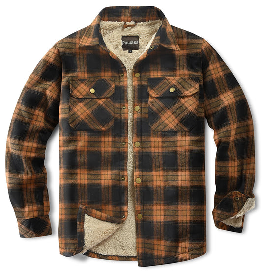 Puwasa Men's Sherpa Lined Cotton Flannel Shirt Jacket Plaid Button Up Jacket Coat for Men with Pocket Orange X-Large Tall