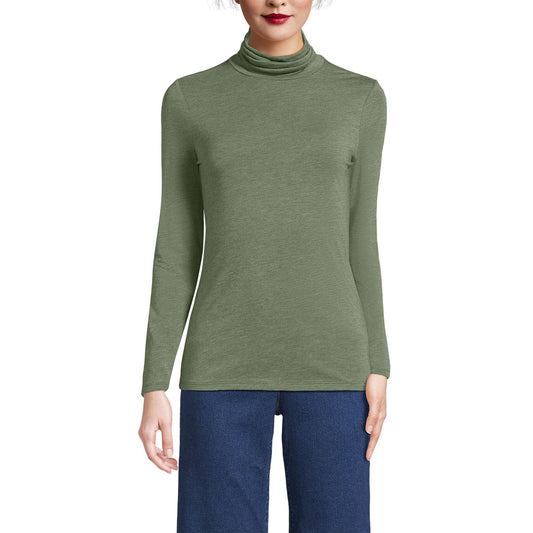 Lands' End Womens Long Sleeve Shaped LWCM Turtleneck Estate Green Heather Tall Medium