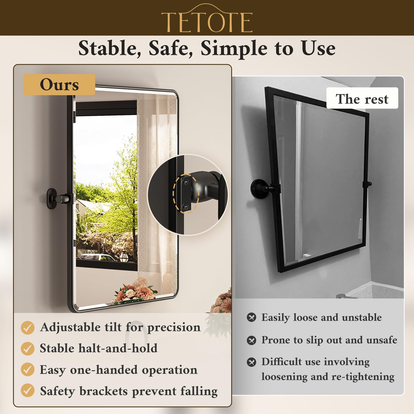 Up-titling Mirror for Bathroom - Metal Framed, Modern Farmhouse Beveled Rounded Corner