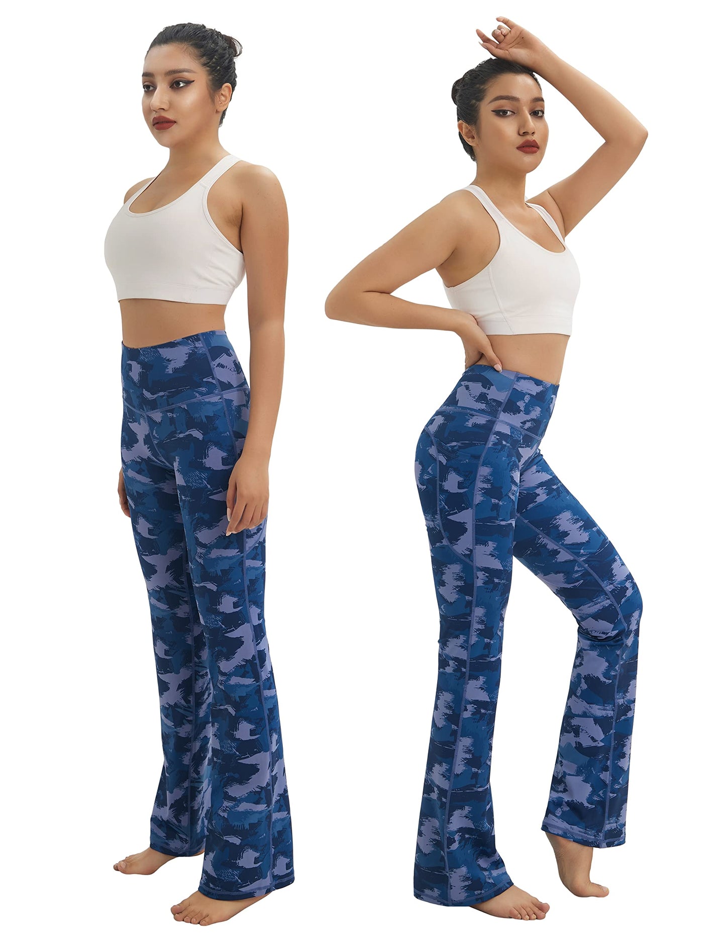 BUBBLELIME 29"/31"/33"/35" 4 Styles Women's Tummy Control Bootcut Yoga Pants - Side Pockets_Navy BRUSHCAMO M-35 Inseam