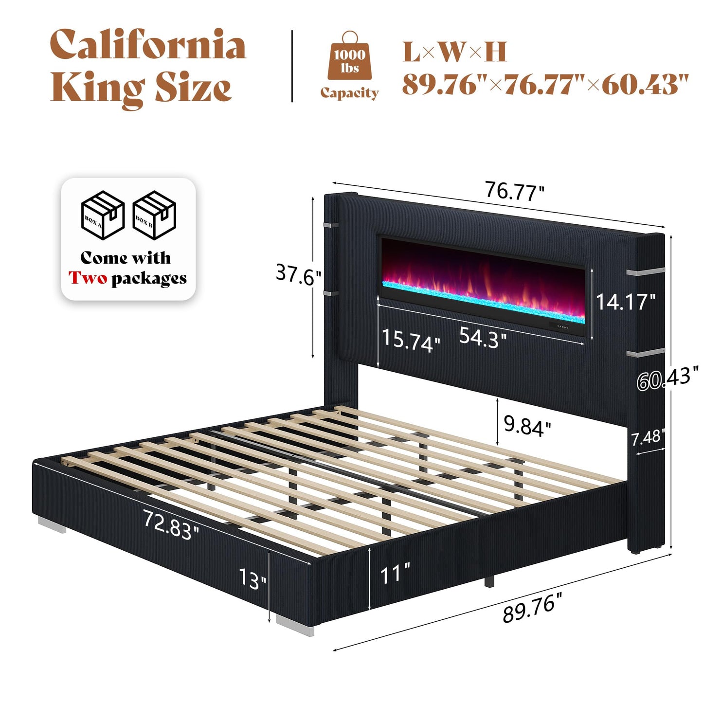 AMERLIFE Modern California King Size Bed Frame with Fireplace, Wingback Platform Bed Frame with 60.4“ Extra Tall Headboard, Corduroy Upholstered Bed Frame Wooden Slats/No Box Spring Needed, Black