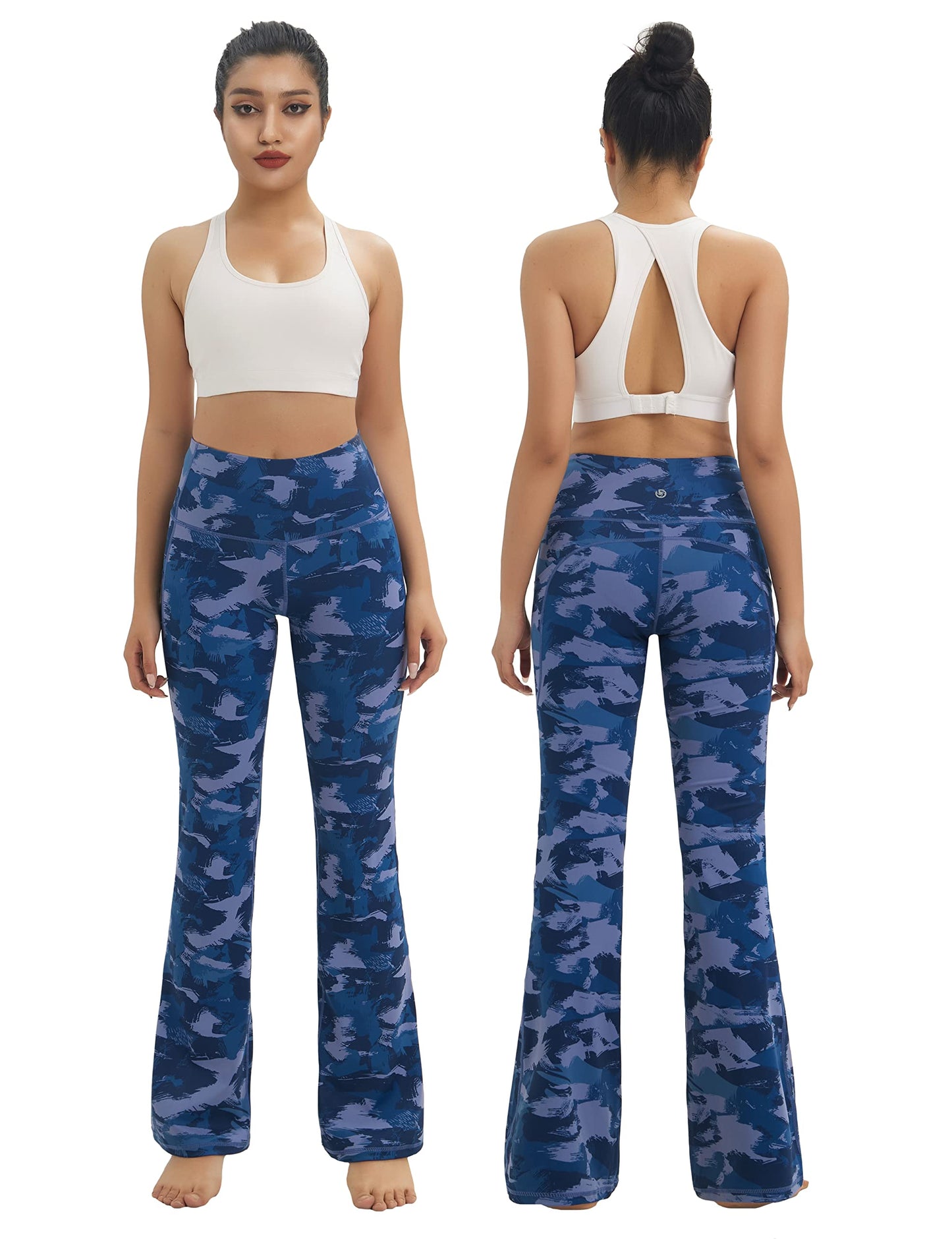 BUBBLELIME 29"/31"/33"/35" 4 Styles Women's Tummy Control Bootcut Yoga Pants - Side Pockets_Navy BRUSHCAMO XL-35 Inseam