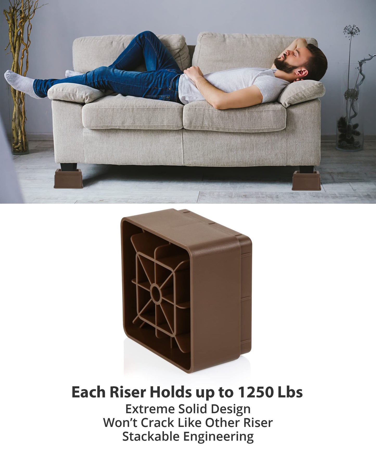 Utopia Bedding Bed Risers 2 Inch - Pack of 8 - Adjustable Furniture Risers 2 & 4 inch - Anti Slip Foam & Rubber Pad - Stackable Beds Lifts Heavy Duty for Sofa, Bed, Table, Couch & Chair (Brown)