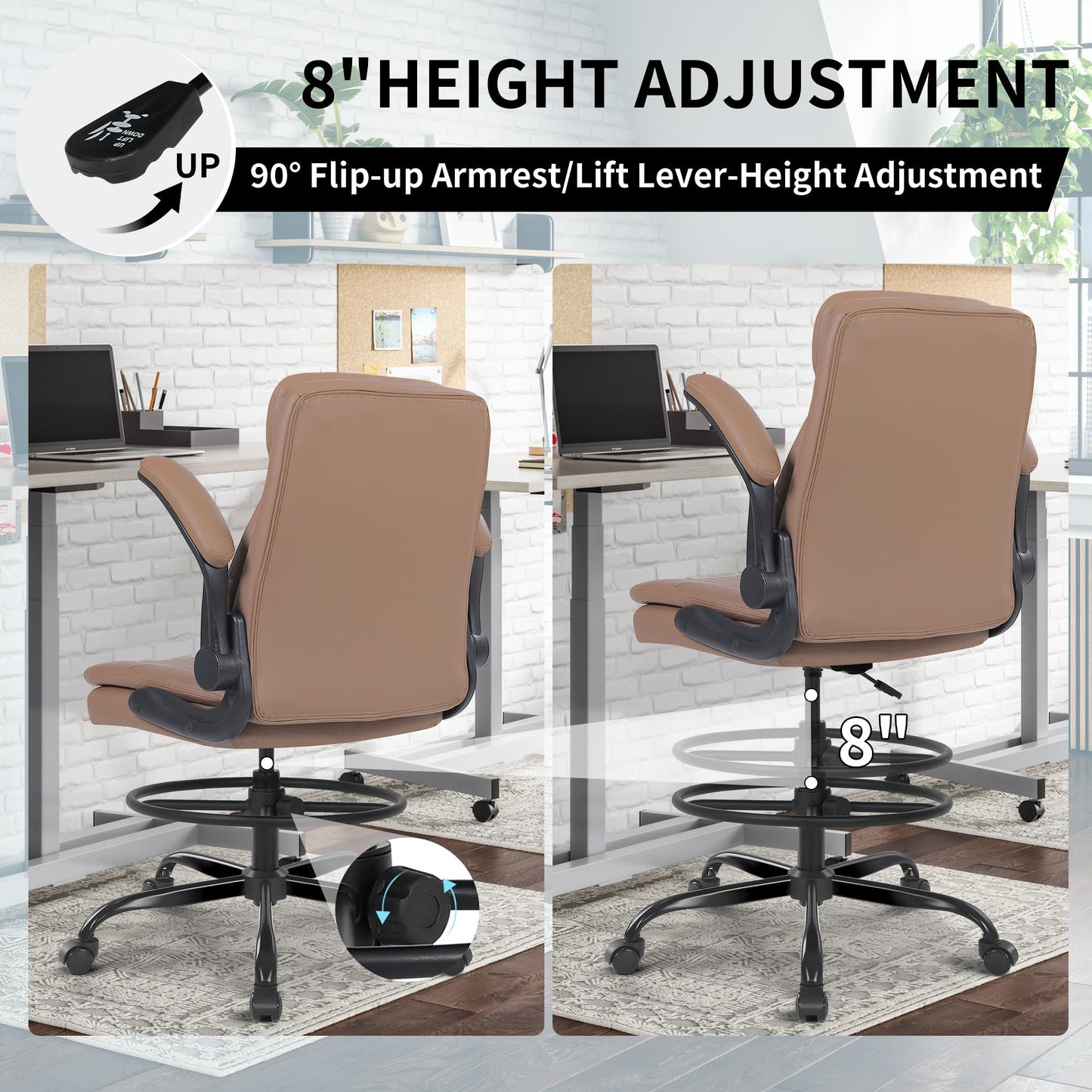 Misolant Leather Drafting Chair, Tall Office Chair for Standing Desk, High Executive Office Chair with Adjustable Height and Flip-up Armrest for Counter Height Desk
