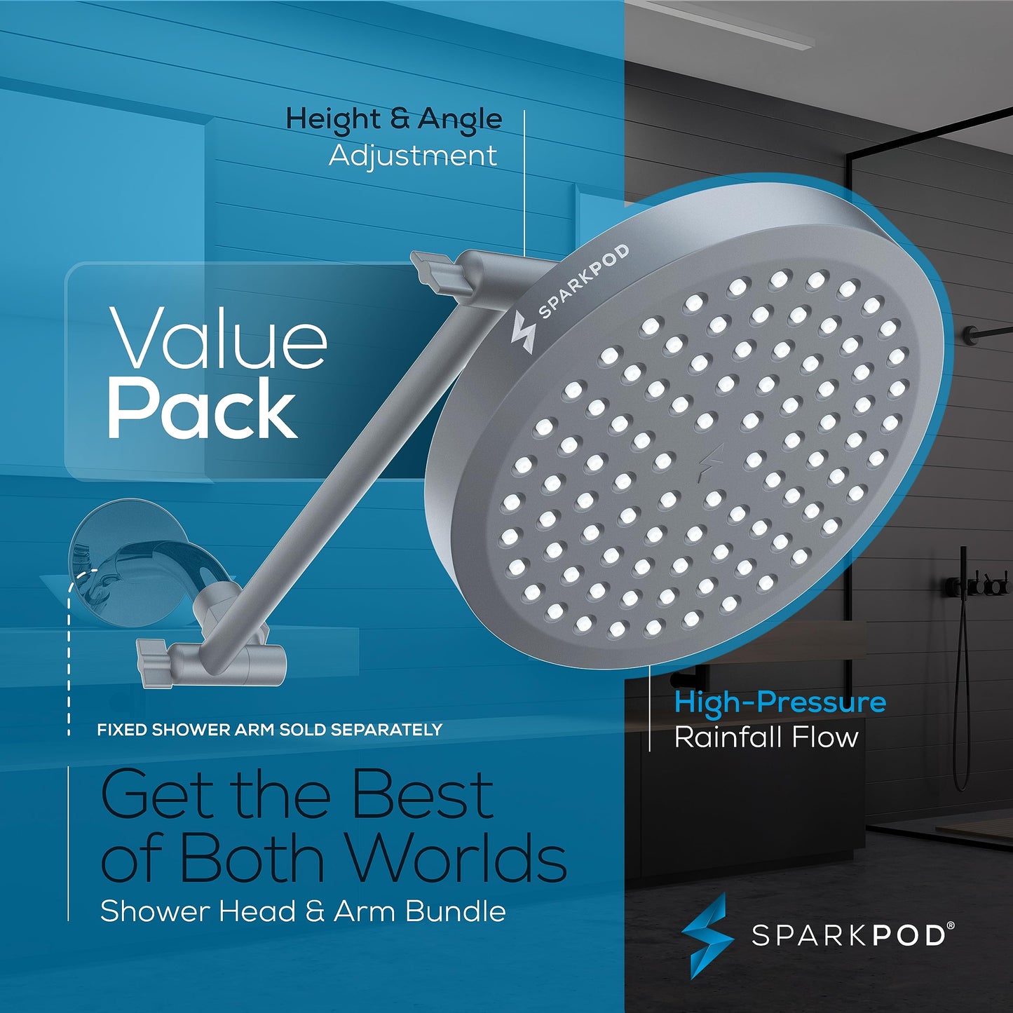 SparkPod Round Rain Shower Head with Extension Arm - Height Adjustable Shower Head with High Pressure Performance - Easy 1-Minute Installation (11" Arm Extension, Titanium Charcoal Grey)