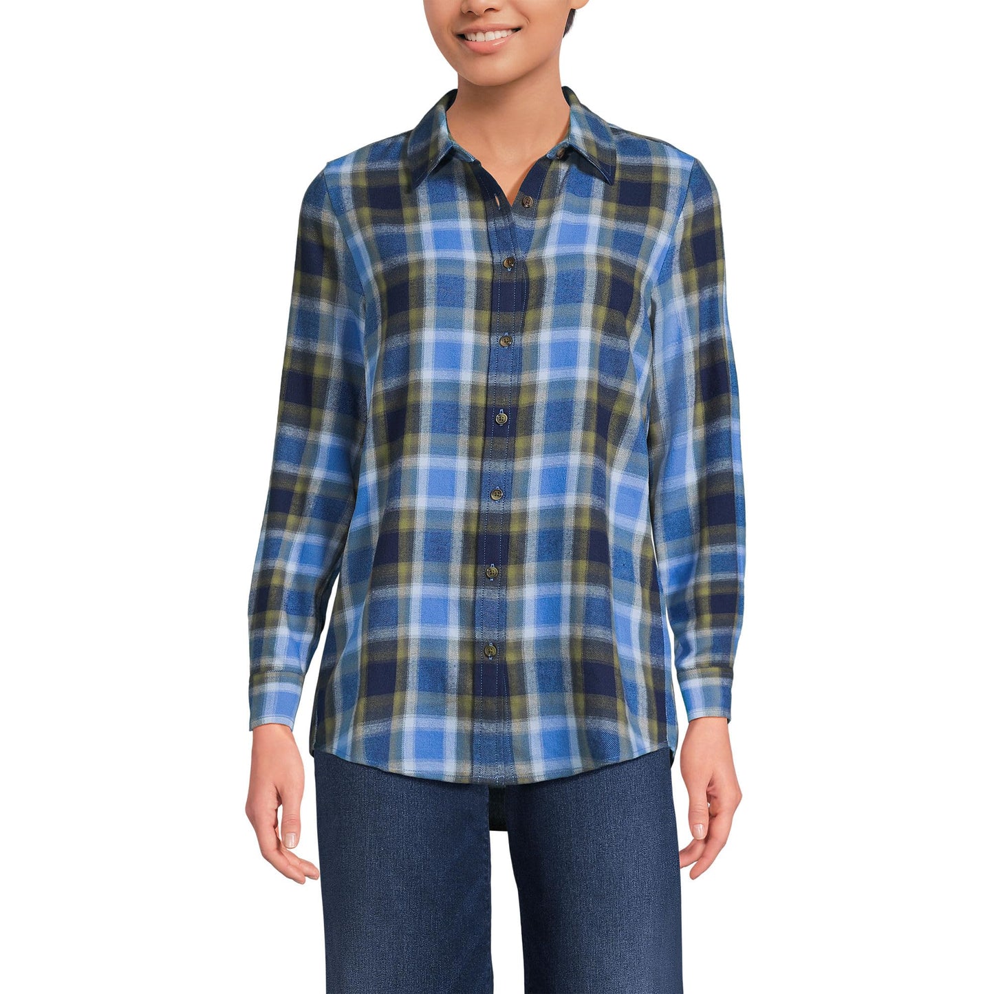 Lands' End Womens Flannel Boyfriend Long Sleeve Shirt Blue Vintage Plaid Tall Small