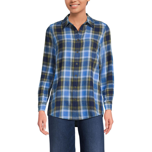 Lands' End Womens Flannel Boyfriend Long Sleeve Shirt Blue Vintage Plaid Tall Large