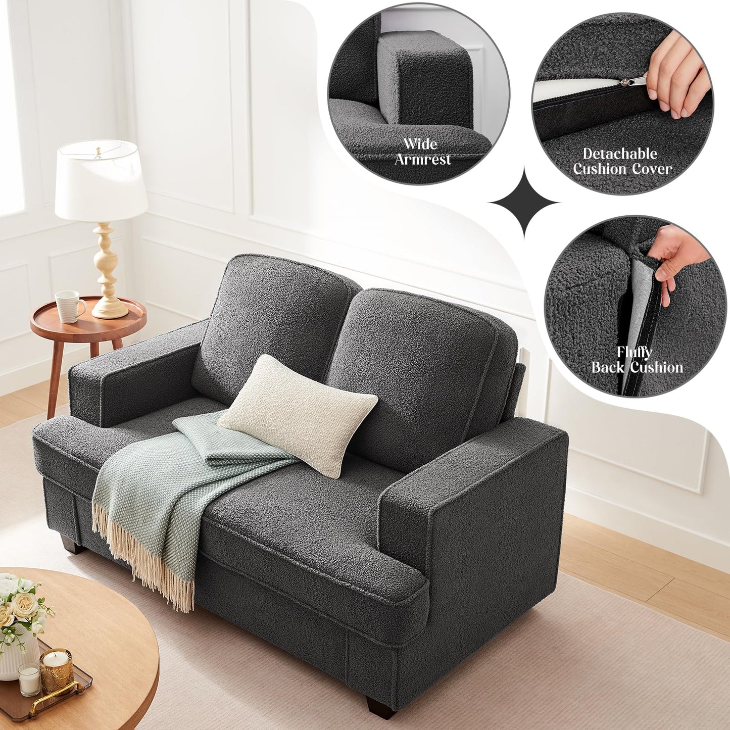 Couches for Living Room, 61” Cloud Couch in Soft Teddy Fleece, Removable Cover, Easy Assembly, Modern Sofa for Living Room/Bedroom/Office/Apartment, Dark-Gray