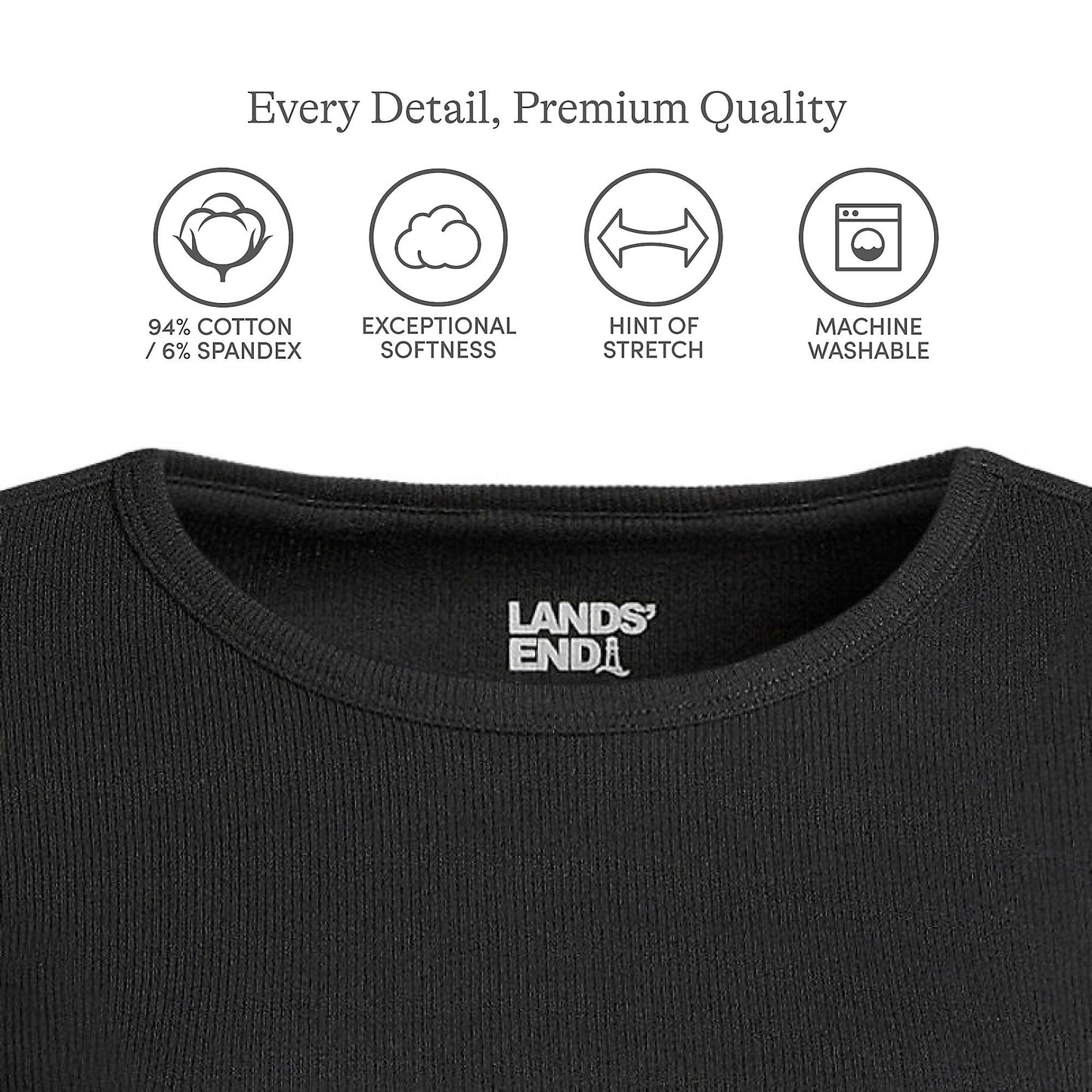 Lands' End Womens Long Sleeve Micro Rib Crew Black Tall Medium