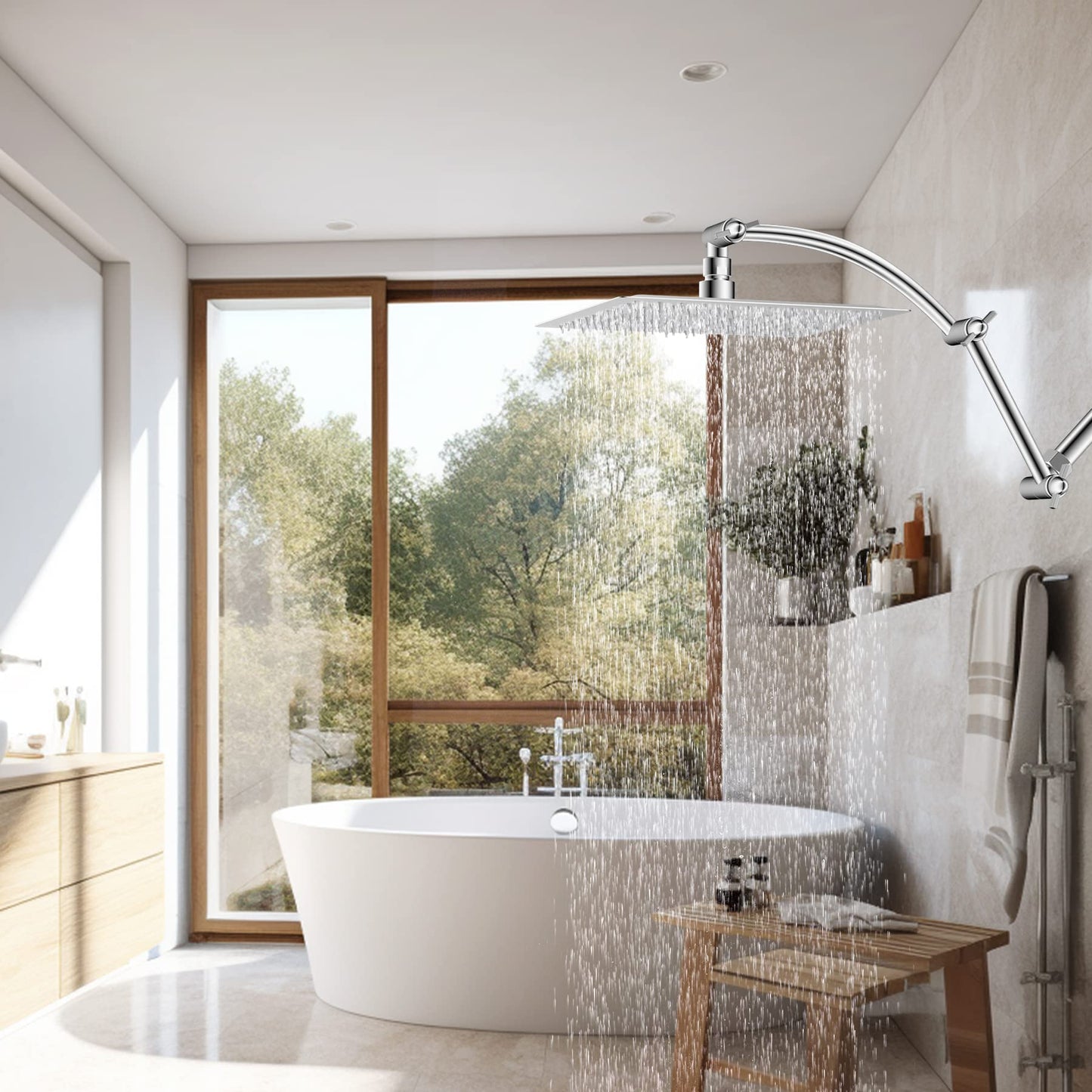 Hibbent All Metal 16'' Shower Head Extension Arm Solid Brass Flexible Height & Angle Adjustable Shower Arm Extender with Lock Joint, Universal Connection Stainless Steel Pipe Height Extending, Chrome