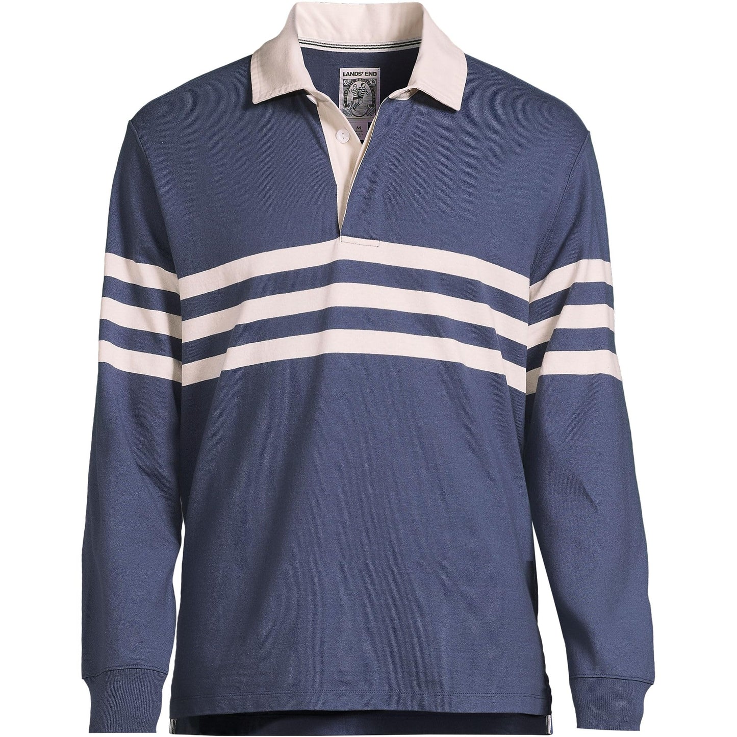 Lands' End Mens Long Sleeve Rugby Polo Shirt Nightfall Blue/Ivory Stripe Tall Medium