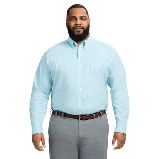 IZOD Men's Big and Tall Performance Comfort Long Sleeve Gingham Button Down Shirt, Aqua, XX-Large Tall