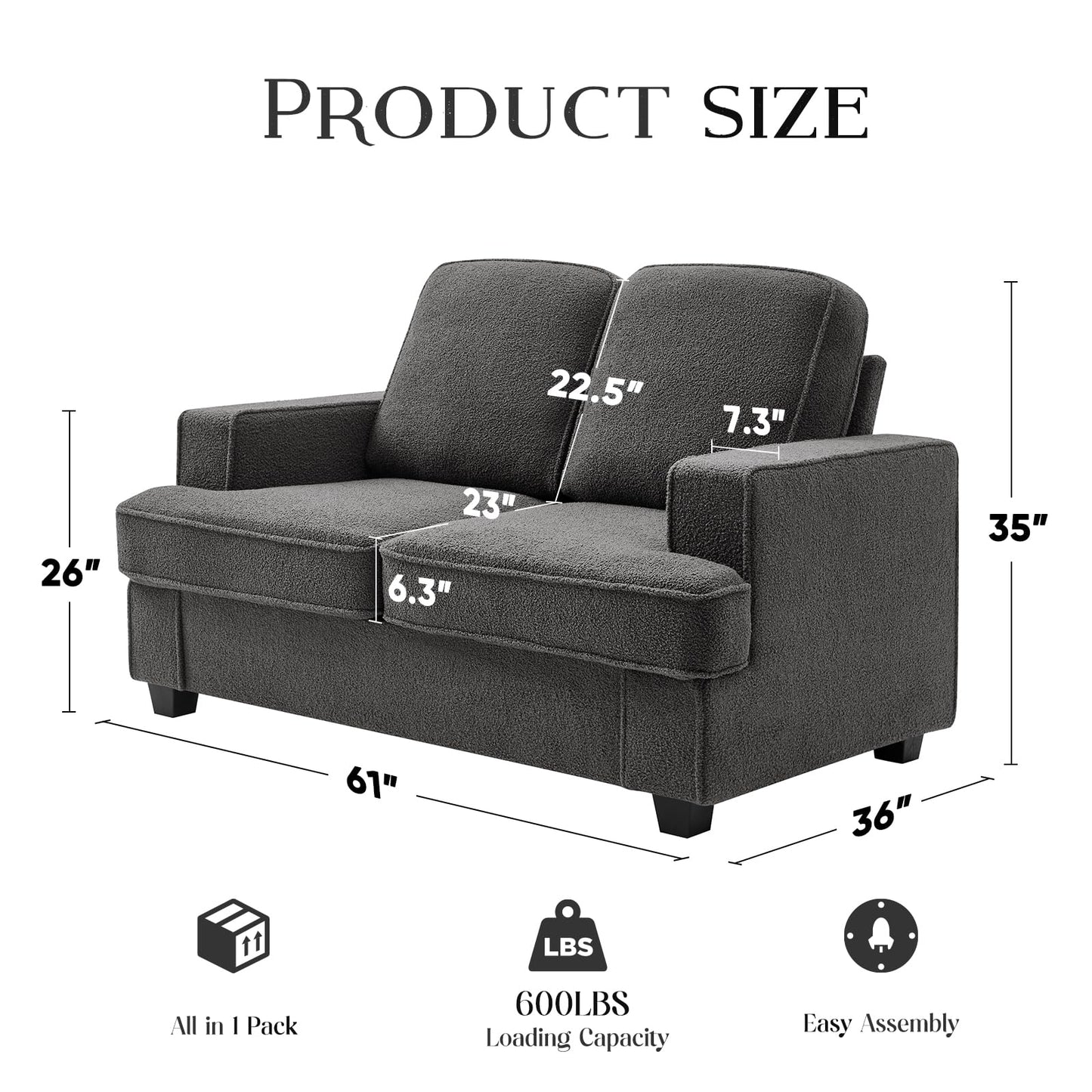 Couches for Living Room, 61” Cloud Couch in Soft Teddy Fleece, Removable Cover, Easy Assembly, Modern Sofa for Living Room/Bedroom/Office/Apartment, Dark-Gray