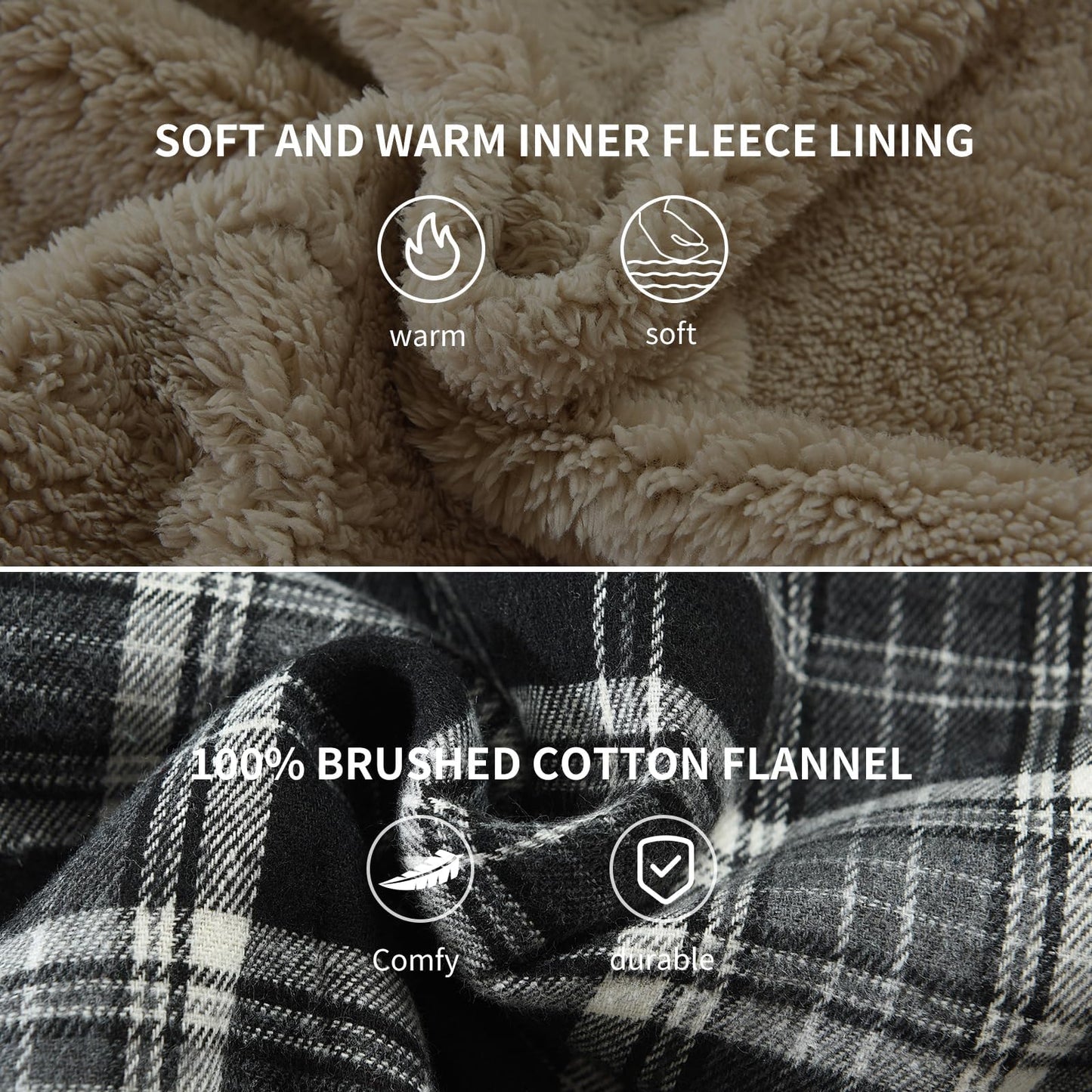 Puwasa Men's Cotton Flannel Shirt Jacket Long Sleeve Fleece Casual Button Down Plaid Jacket Brushed Soft Outdoor Coat with Pocket Black X-Large Tall